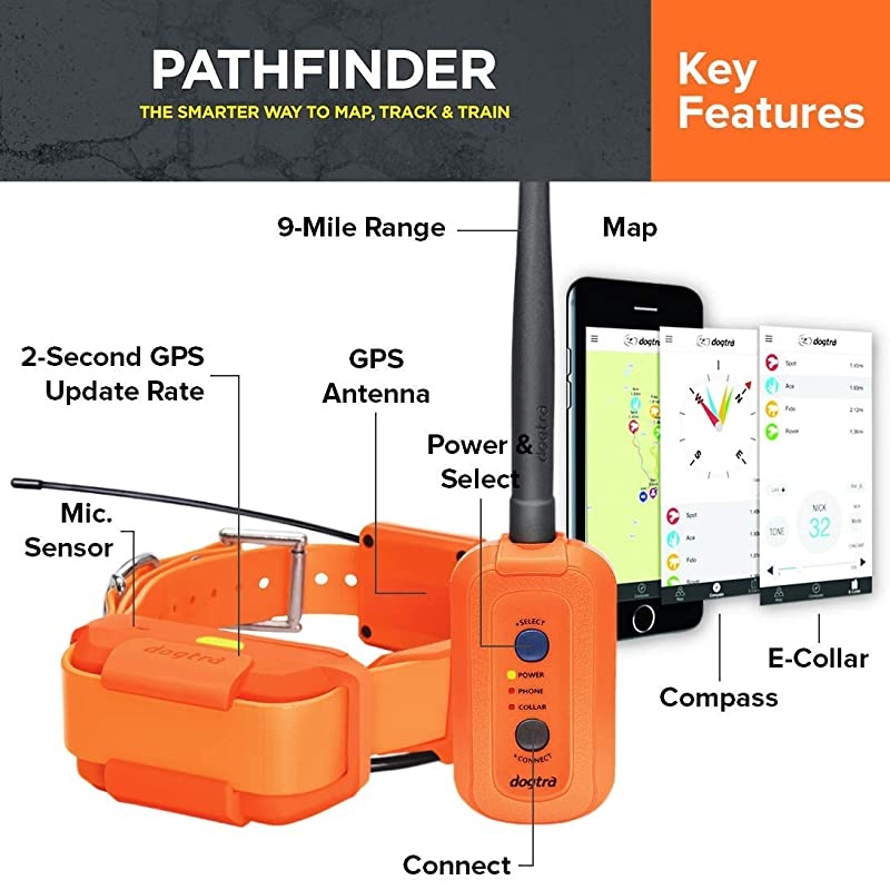 Pathfinder Dog Remote Training and GPS Tracking Collar - 9 Mile Range, Sports Upland Hunting, Waterproof Receiver, Rechargeable, Static, Audible Tone, PetsTEK Trainer Clicker - Orange Edition