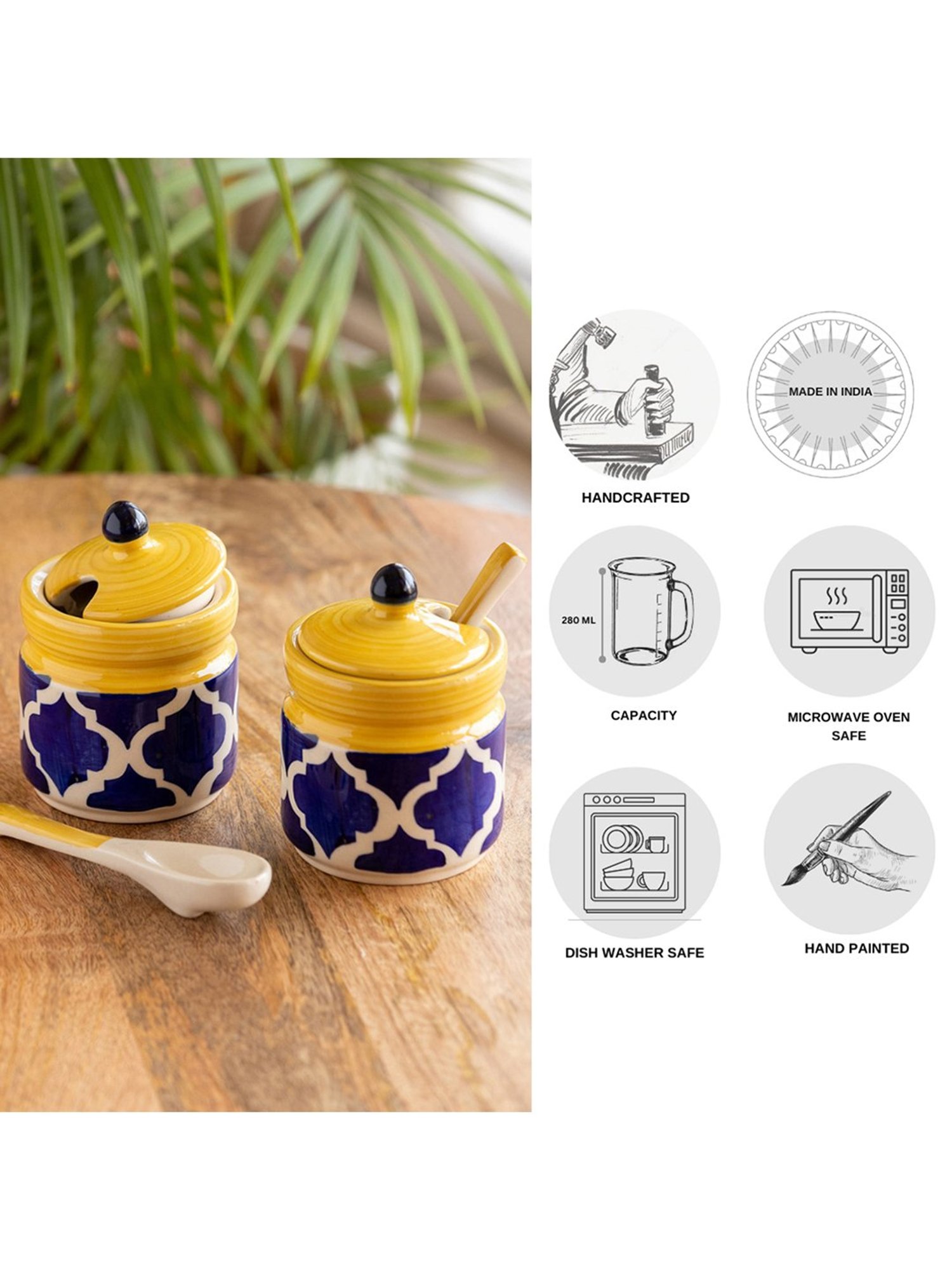 ExclusiveLane Moroccan Yellow & Blue Ceramic Pickle Holder - Set of 2, 280 ML