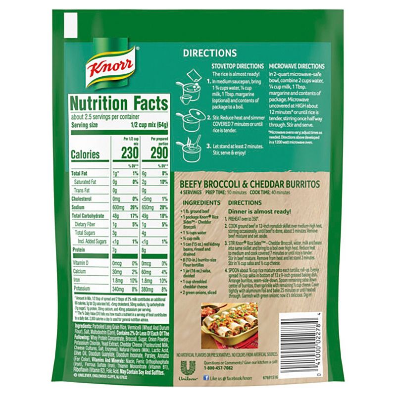 Knorr Rice Side Dish for rich, savoury flavor Cheddar Broccoli no artificial preservatives 5.7oz