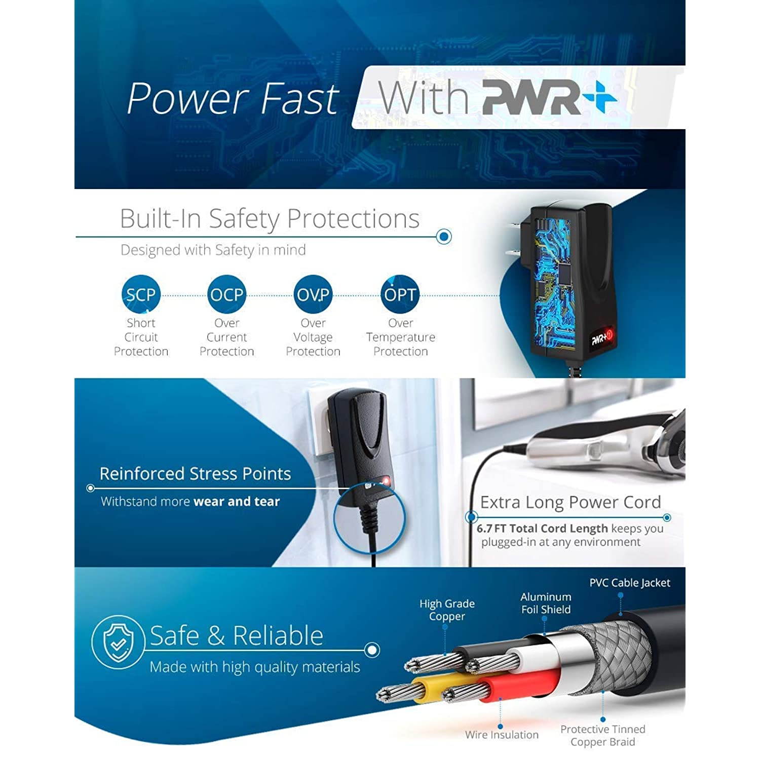 Pwr Extra Long 6.5 Ft Rapid Charger Adapter for Wahl-Professional Shaver-Shaper-8061 5 Star Series Wh-97617-100-cd: 4000 4400 7339 7367-200 7367-500 7029 7035 7060-700 ! Check Voltage 2V Only Power !