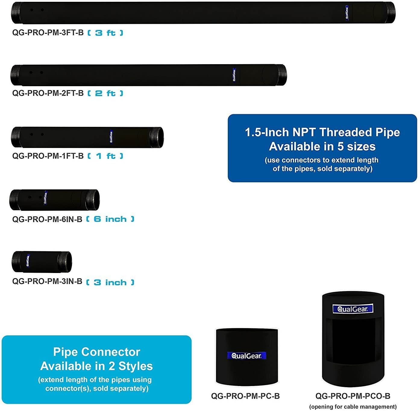 QualGear Pro-AV QG-KIT-CA-3IN-B Single Joist Ceiling Adapter, 3" 1.5" Projector Mount Kit Accessory, Black