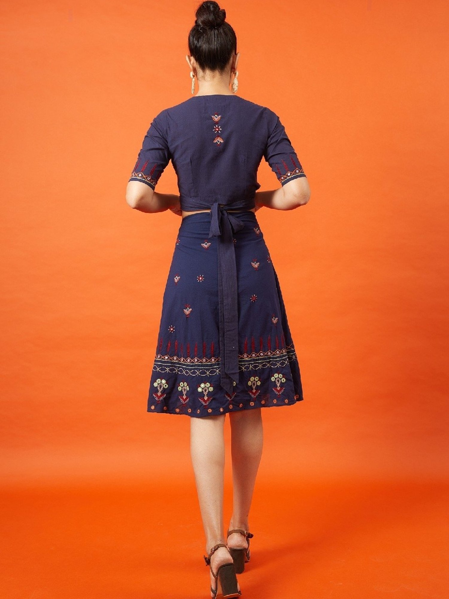 Okhai Sultana Navy Pure Cotton Kutch Hand Embroidered Skirt