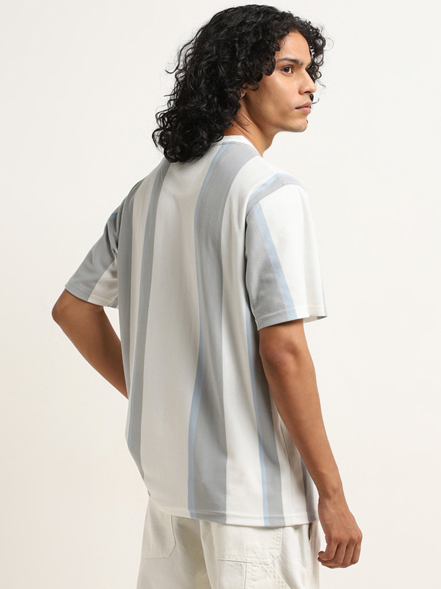 Nuon by Westside Grey Stripe Printed Relaxed-Fit T-Shirt