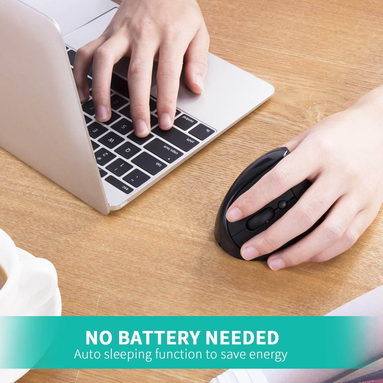 Left-Handed Mouse, AURTEC Rechargeable 2.4G Wireless Ergonomic Vertical Mice with USB Receiver, 6 Buttons and 3 Adjustable DPI 800/1200/1600 for Left Hand, Black