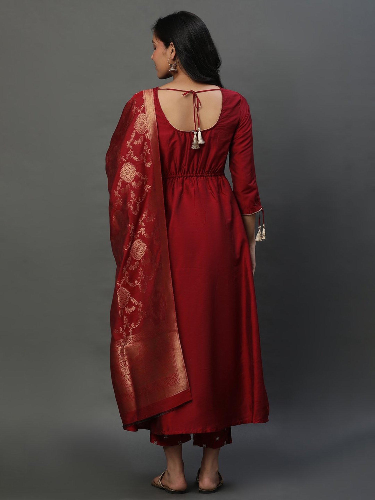 Aurelia Red Embroidered Kurta Pant Set With Dupatta
