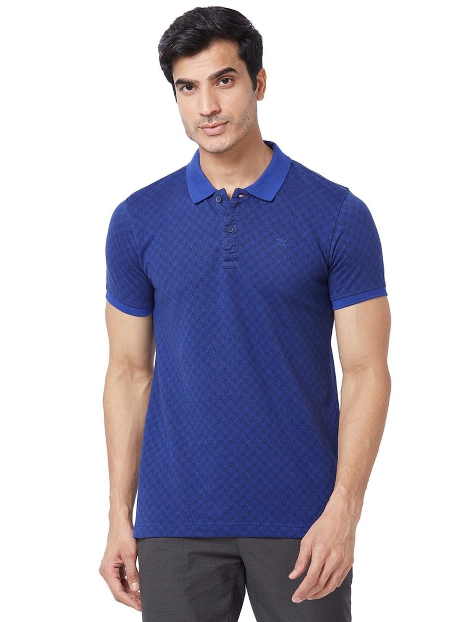 ColorPlus Blue Cotton Tailored Fit Checks Polo T-Shirt