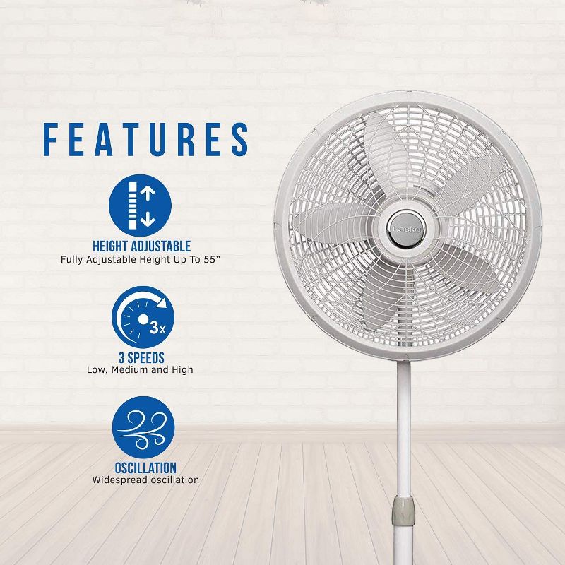 Lasko 1820 Elegance and Performance 18-Inch 3 Speed Adjustable 90 Degree Oscillating Tilt-Head Standing Home Pedestal Fan, White