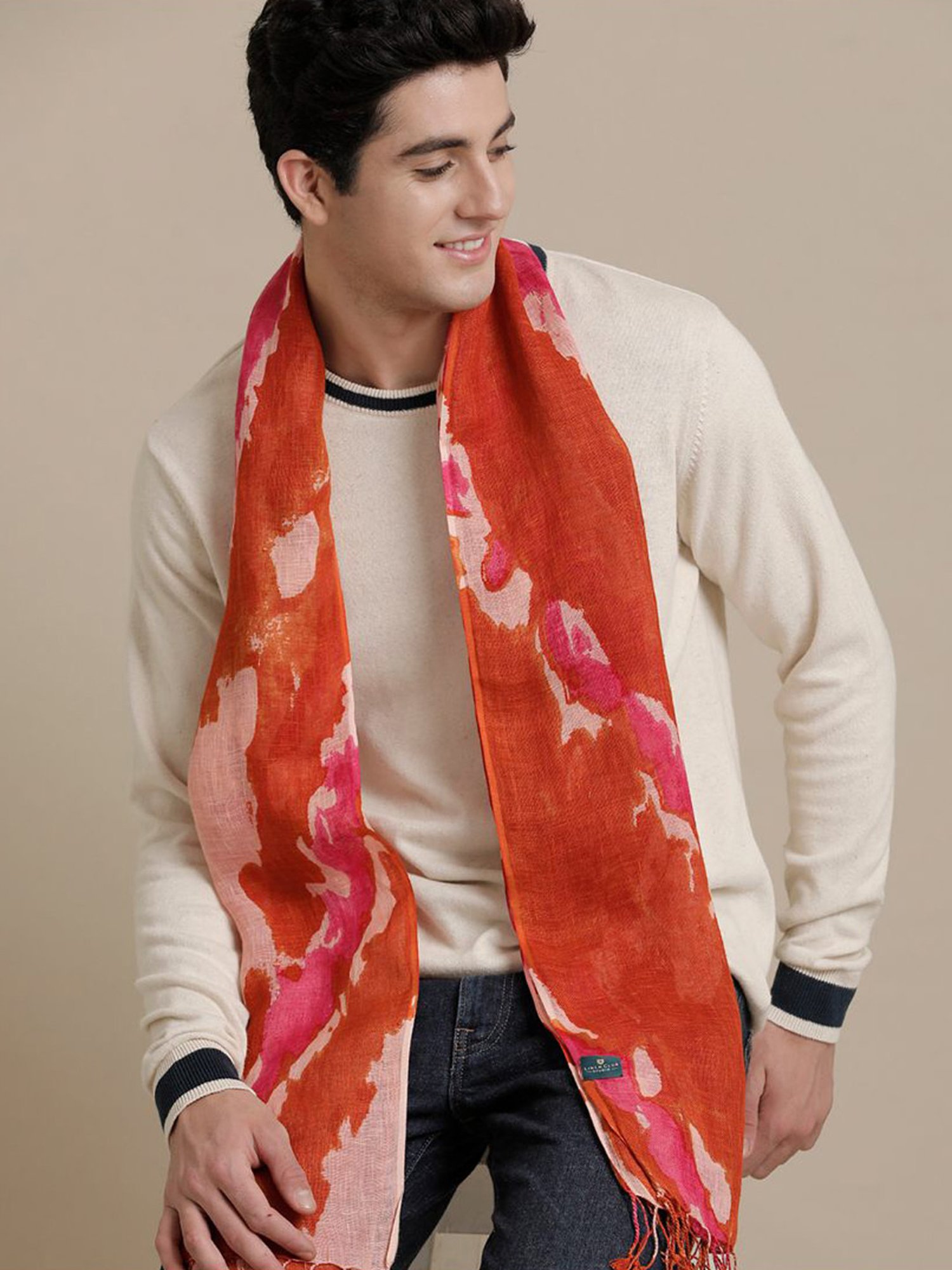 Linen Club Pink Printed Pure Linen Stole