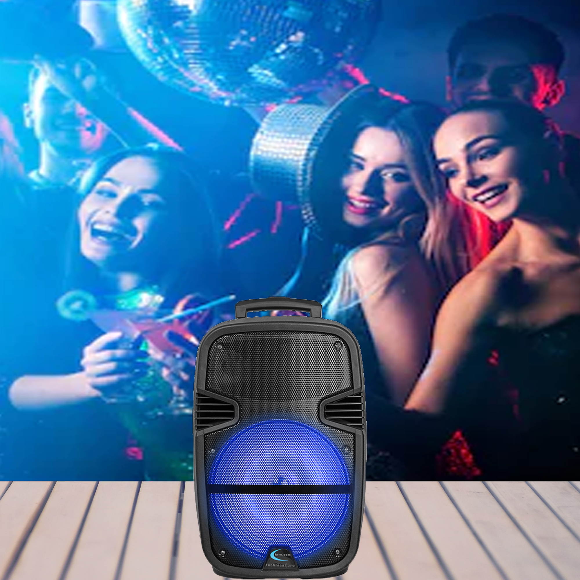 Technical Pro 3000 Watts Rechargeable 15 Inch Bluetooth LED Portable PA Speaker, Mic and Stand, Bluetooth Range 30 Feet, built-in LCD Screen, Great for Party, Event, Tailgate, and More