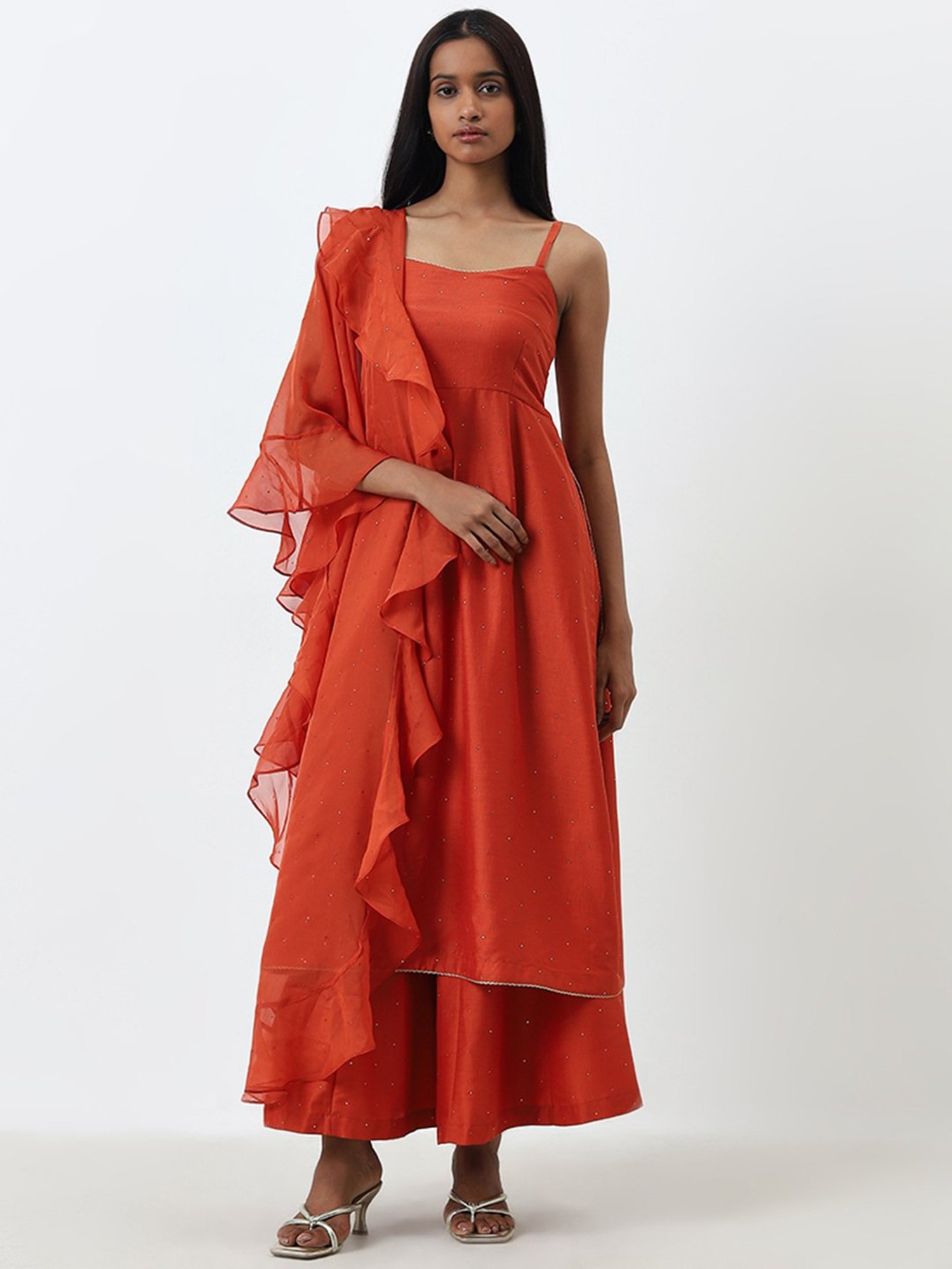 Vark by Westside Orange Embellished Kurta, Palazzos and Dupatta Set