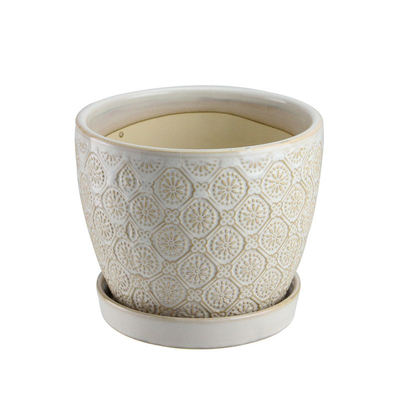 Napco 5.5" Antique Style Textured Flower Indoor Planter - White/Brown