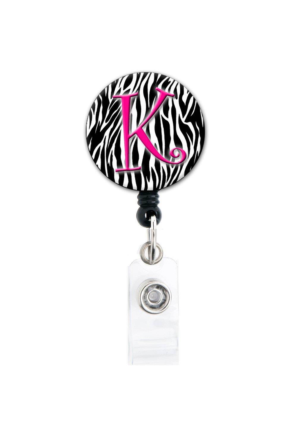 K Initial Zebra Pink - Retractable Badge Reel With Swivel Clip and Extra-Long 34 inch cord - Badge Holder