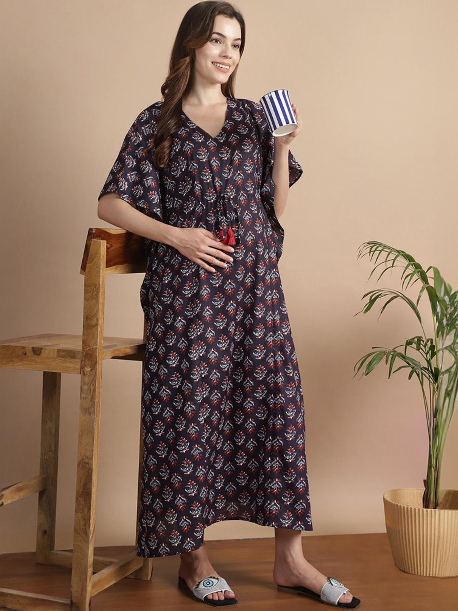Secret Wish Navy Cotton Floral Print Kaftan