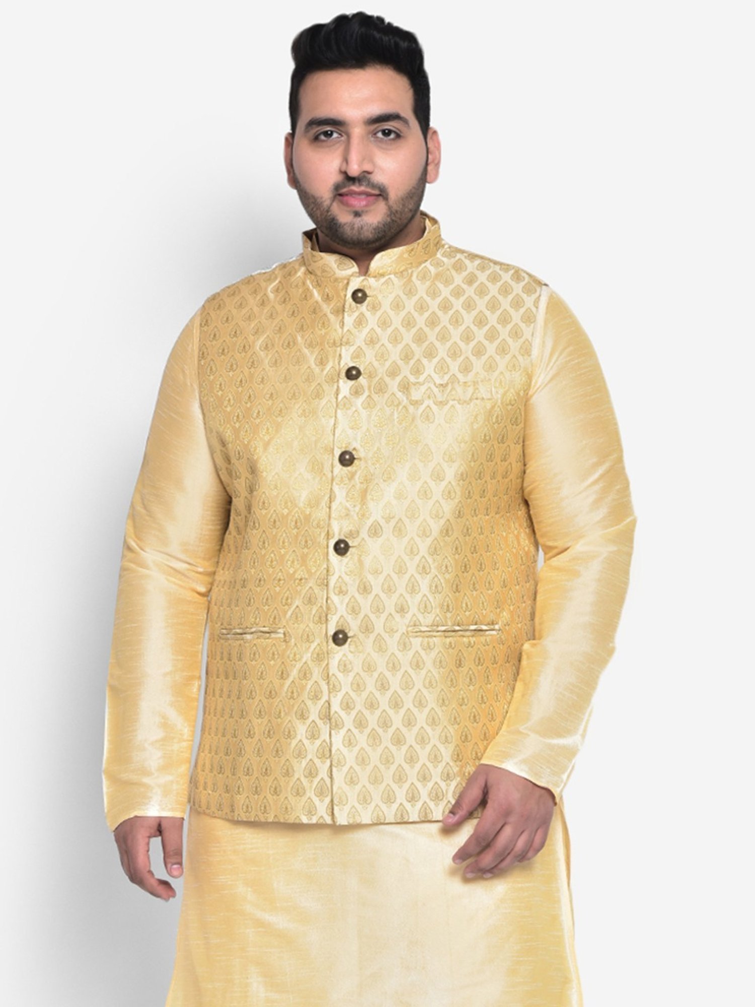KISAH PLUS Beige Regular Fit Jacquard Nehru Jacket