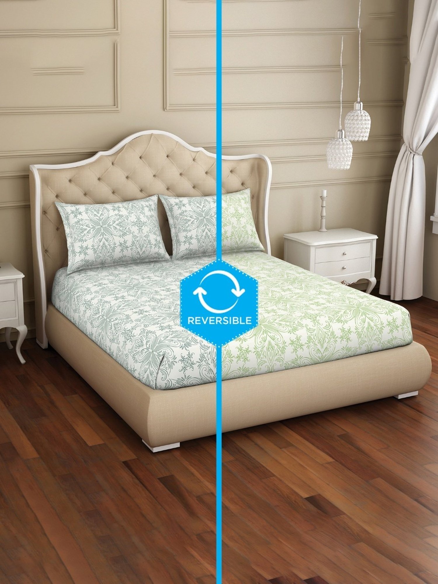 Welspun Printed Beige Cotton Double Bedsheet with 2 Pillow Covers