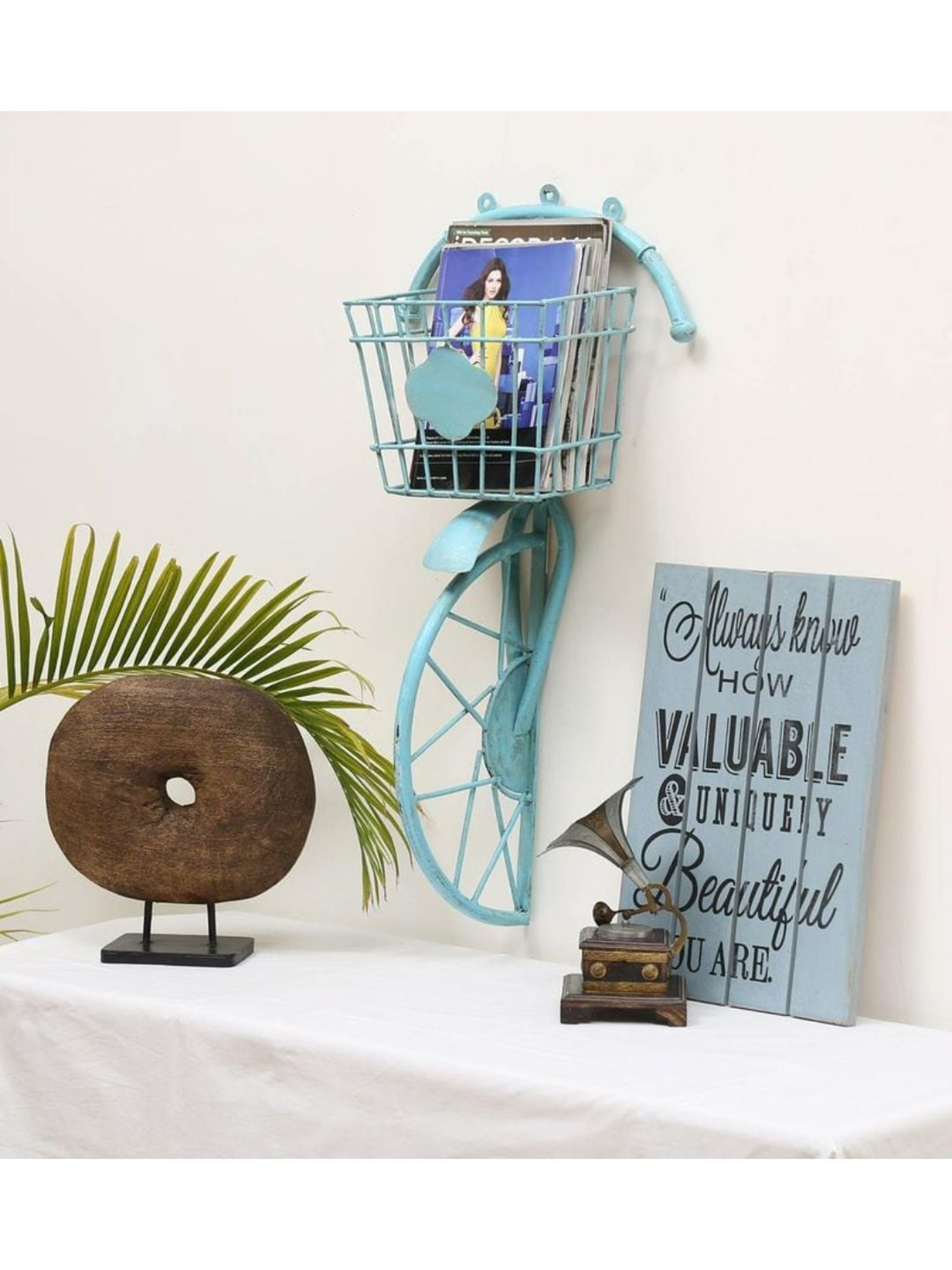 Artisans Rose Blue Metal Bicycle Wall Magazine Rack