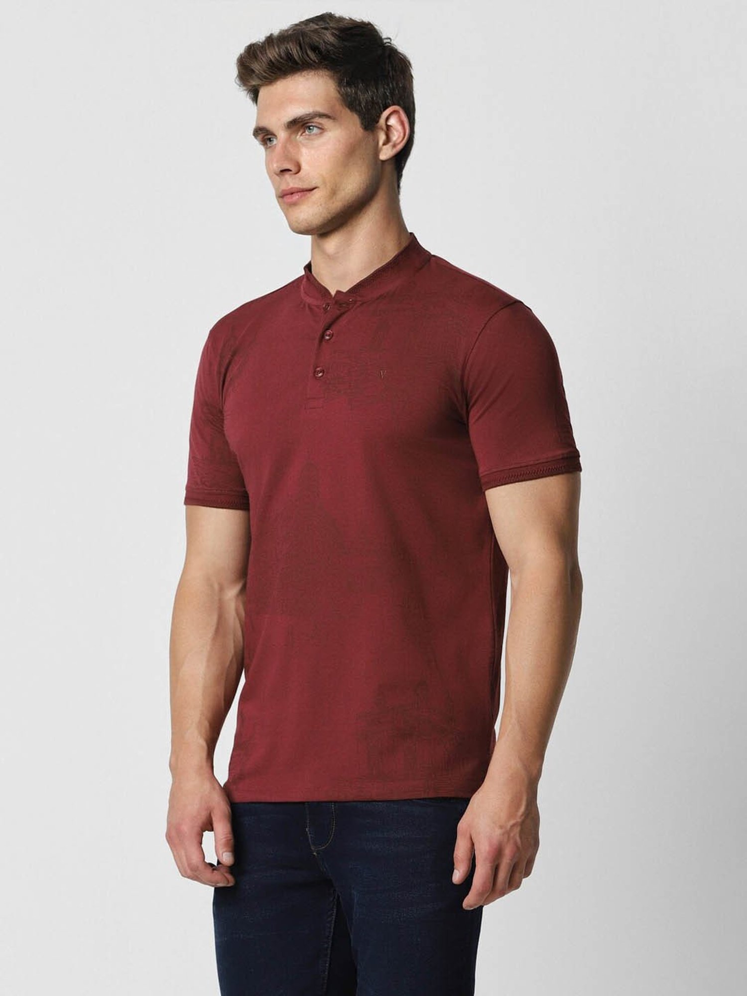 V Dot Maroon Cotton Slim Fit Printed Henley T-Shirt
