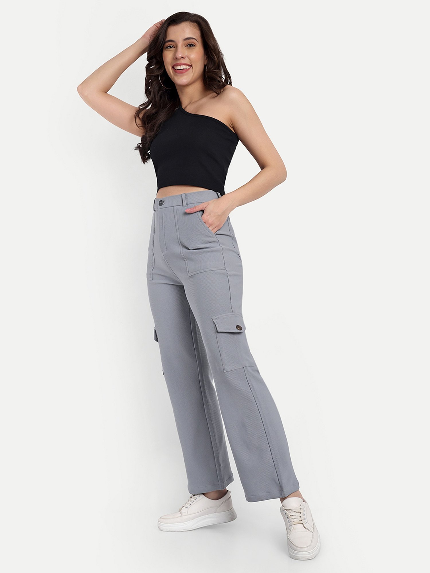 Broadstar Grey Cotton Straight Fit High Rise Cargo Pants