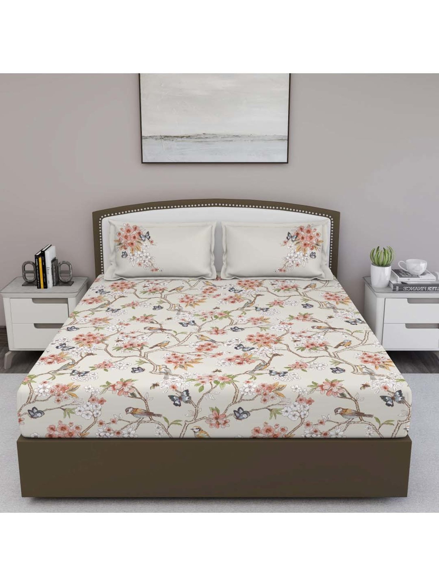 GM 'Fiesta' Beige & Peach Cotton 180 TC Double Bedsheet with 2 Pillow Covers