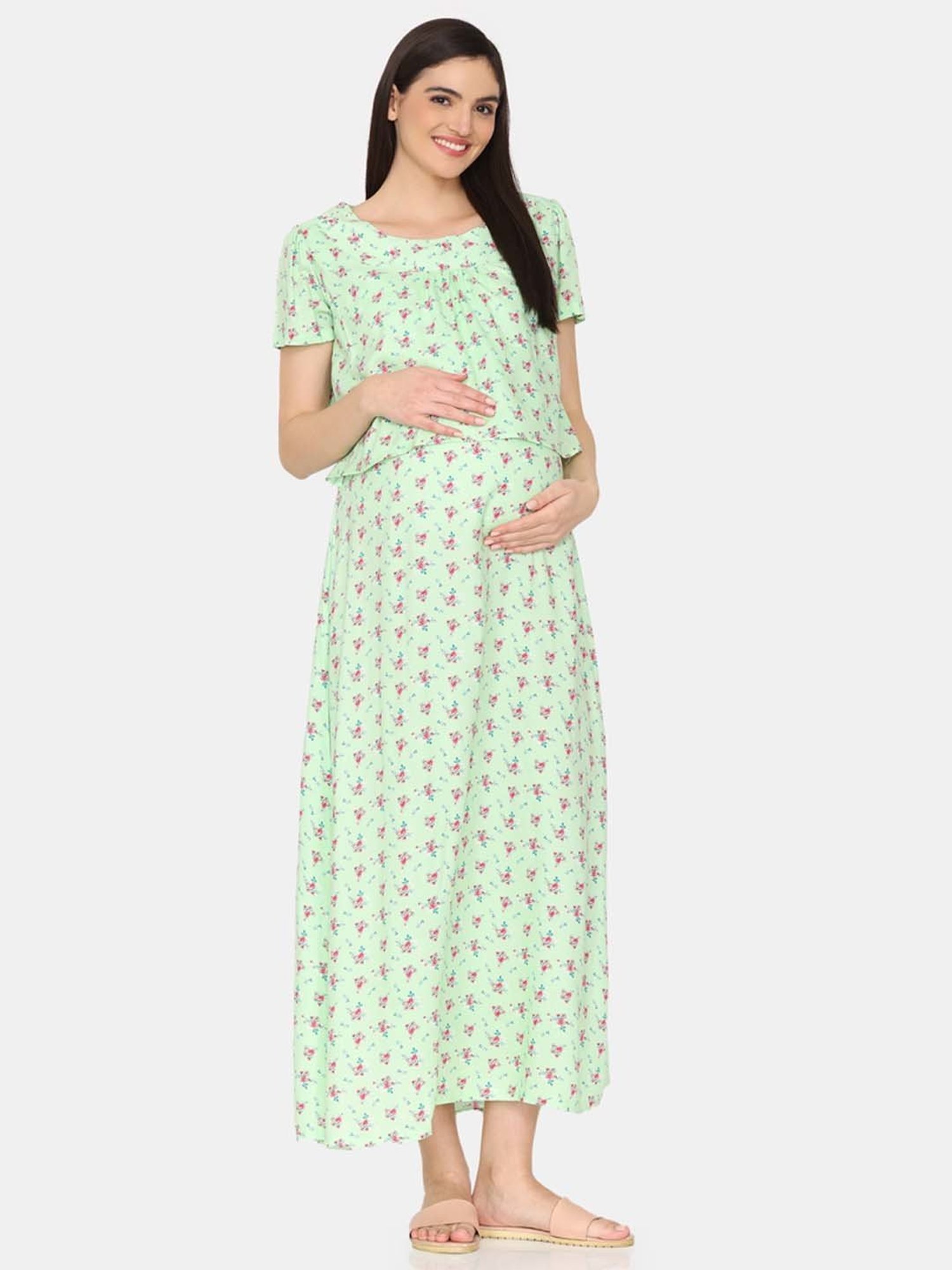 Coucou by Zivame Lime Green Printed Maternity Nighty