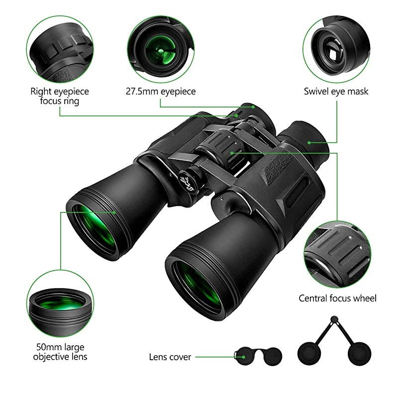 for Adults 10 x 50 High Powered for HD Waterproof Zoom, Powerful with Clear and Durable BAK-4 Prism FMC Lens for Bird Watching, Travel, Hunting, Concerts, Football.