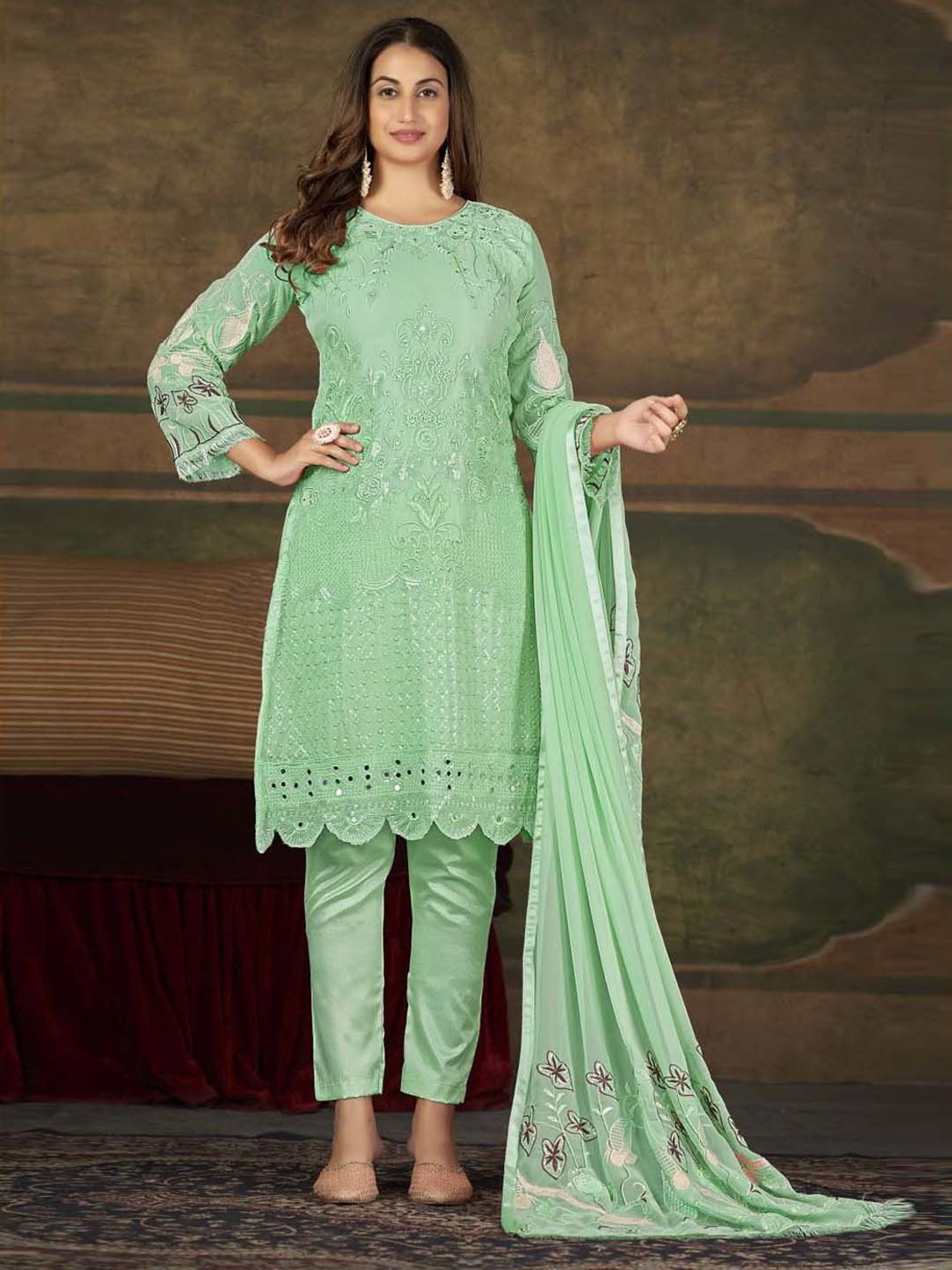 Warthy Ent Green Embroidered Semi Stitched Dress Material