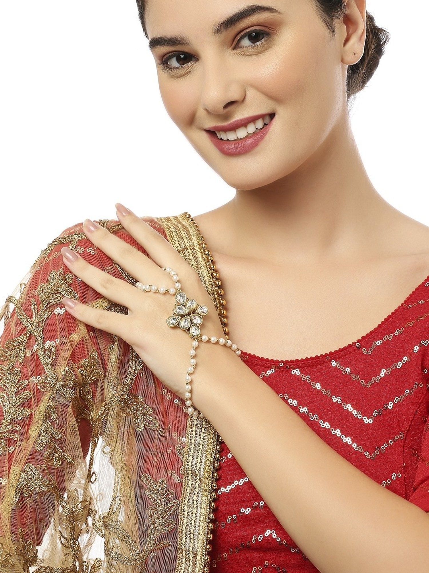 Oomph Gold Tone Kundan & Pearls Hand Harness