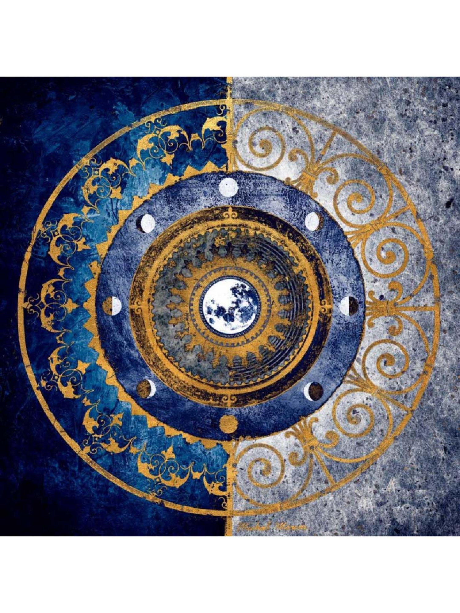 ARTE'VENUE Moon Dial Blue & Yellow Canvas Wall Arts - Set of 2 (10 X 10 inch Each)