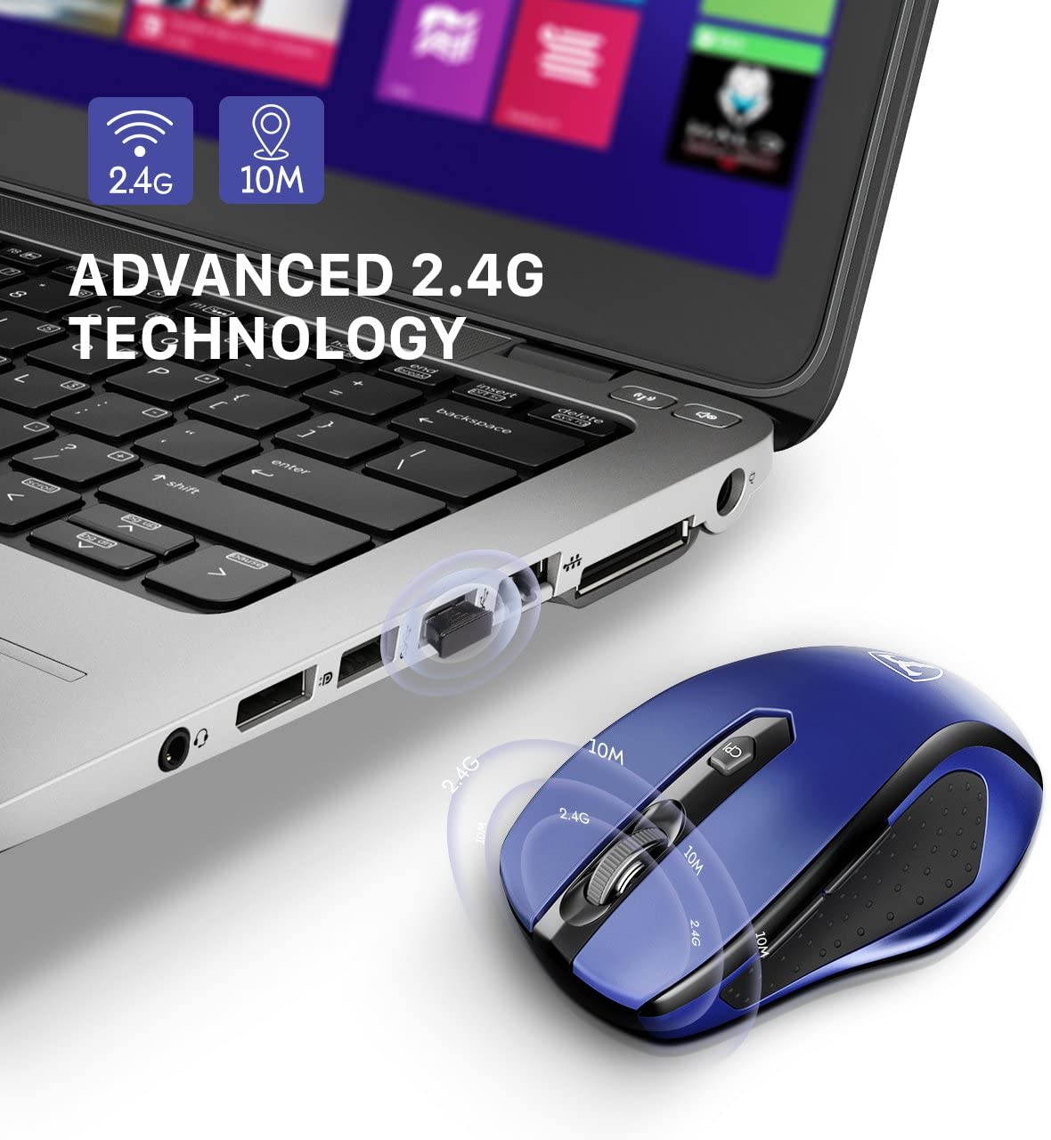 Computer Mouse Wireless, Ergonomic Laptop Mouse 2.4G and 5 Adjustable Levels, 6 Button Cordless Mouse Wireless Mice for Windows Mac PC Notebook