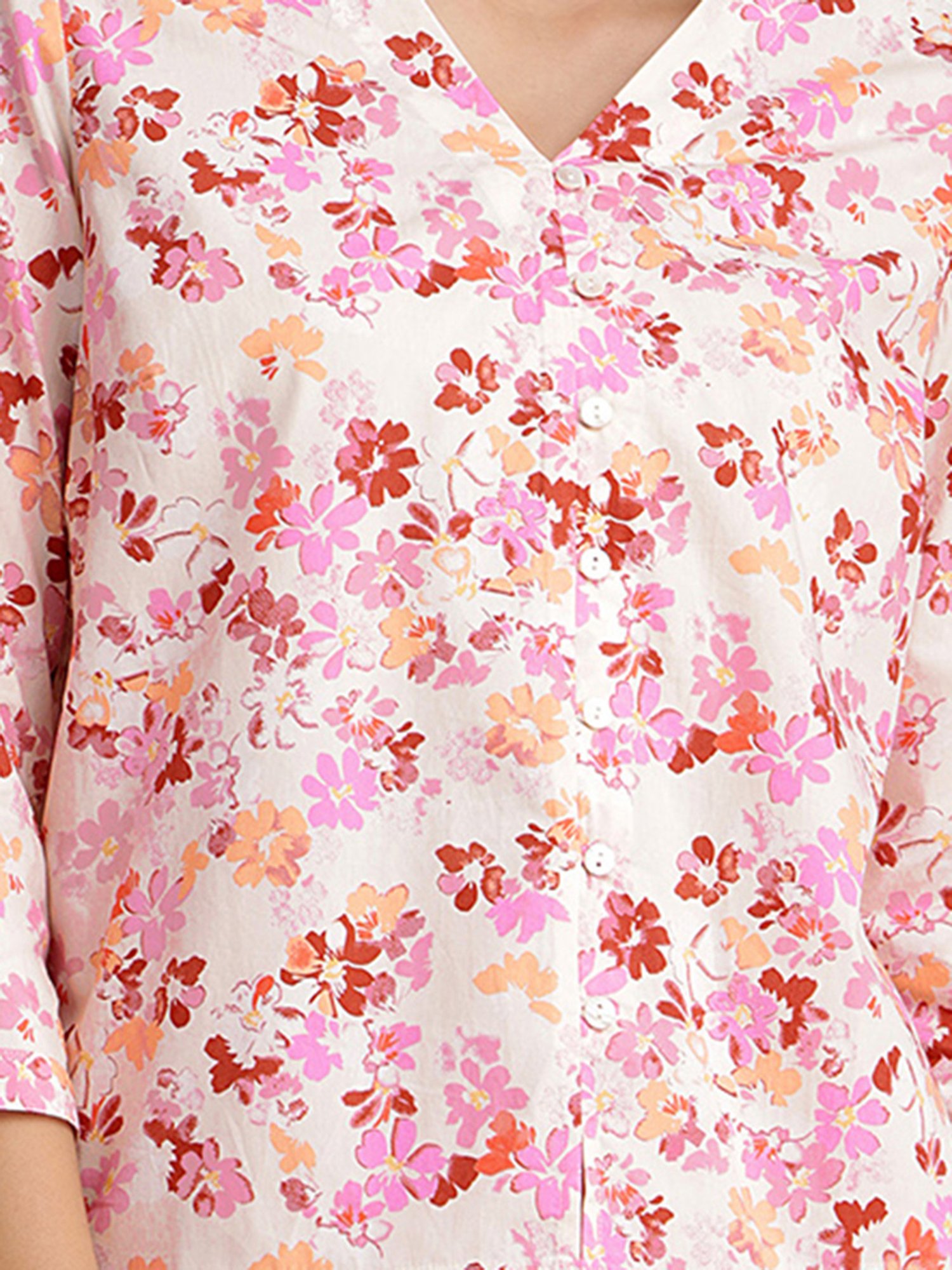 Fablestreet Off White & Pink Cotton Floral Print Top
