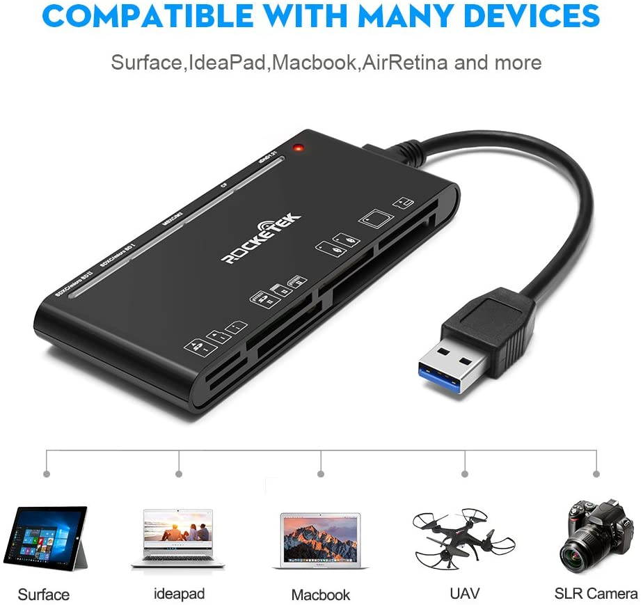 Rocketek USB 3.0 Memory Card Reader/Writer for CF Card, xD Card, SD Card, Micro SD Card, MS Card, with a 13cm USB Cable design - 5 cards read simultaneously