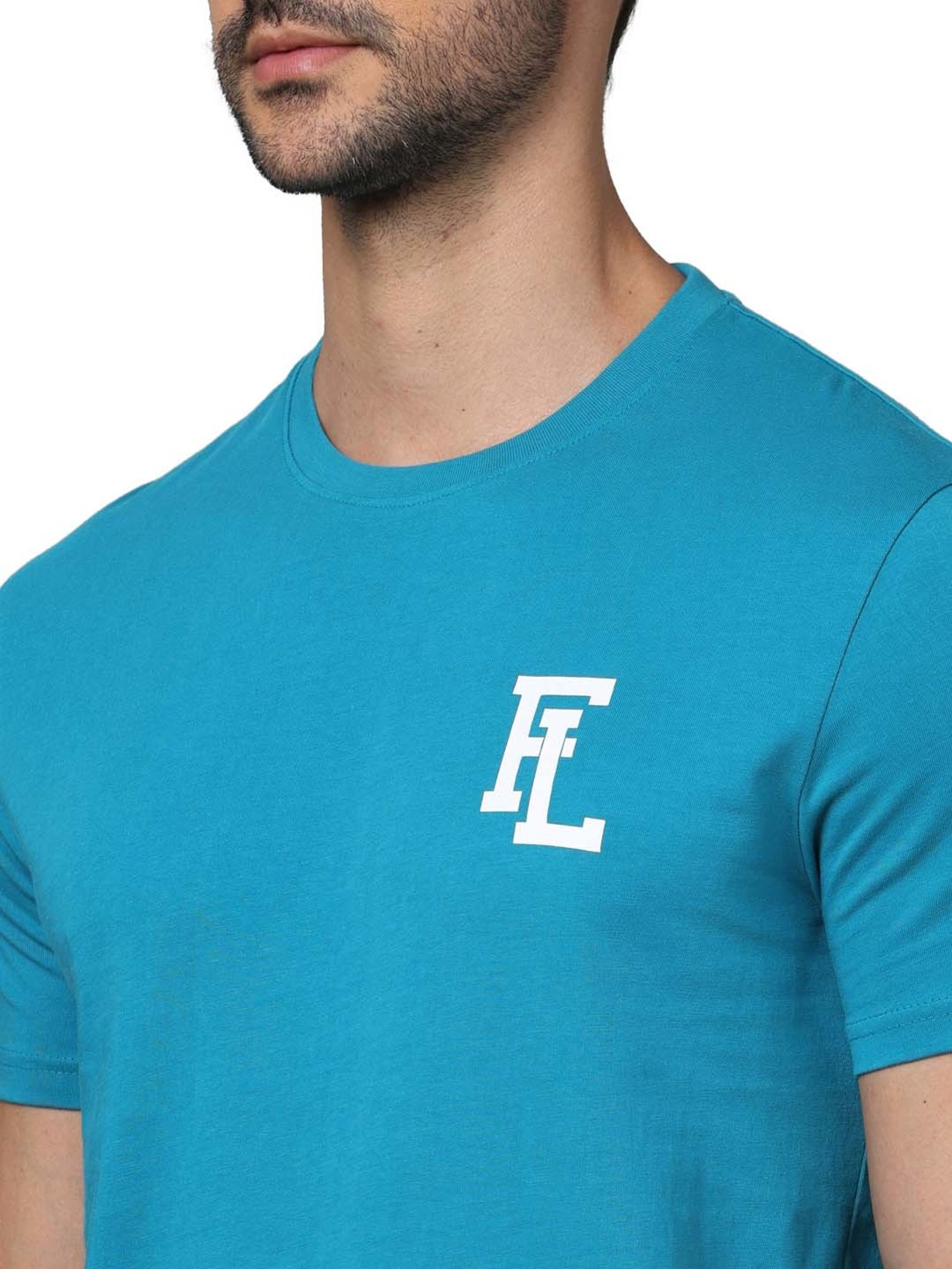 celio* Turquoise Regular Fit Graphic Print Cotton Crew T-Shirt
