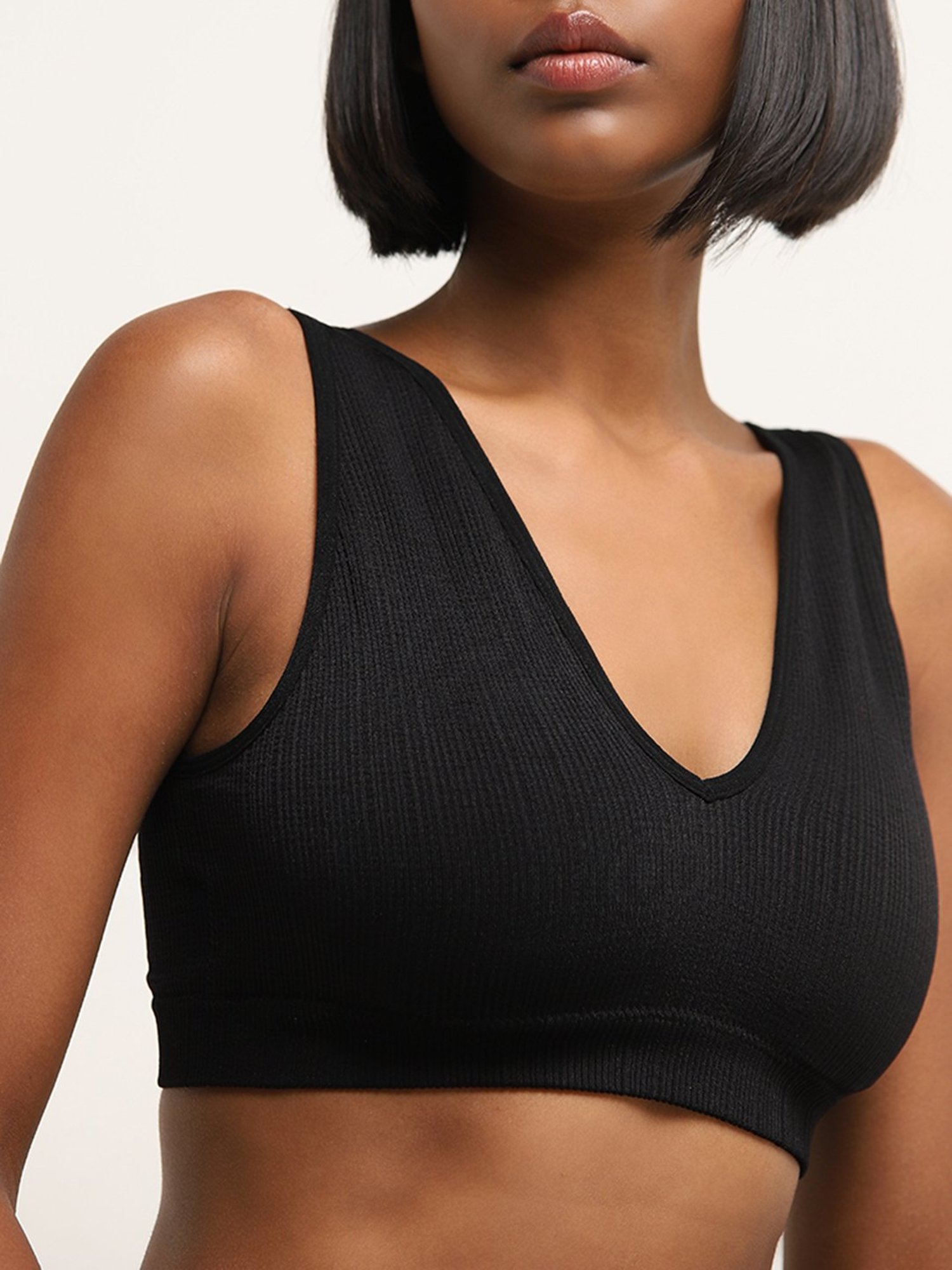 Superstar by Westside Black Ribbed Textured Plunge Bra