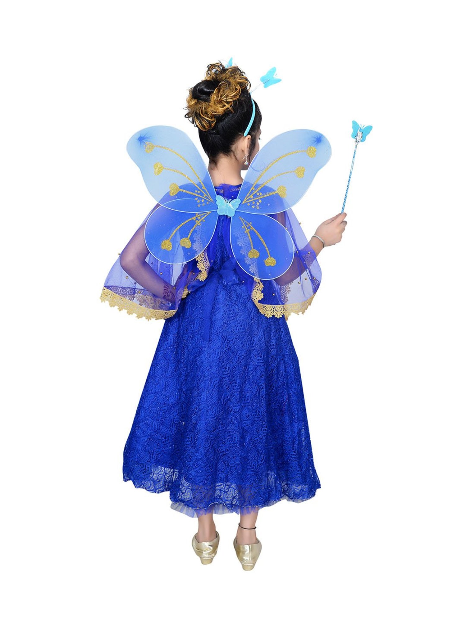 Ahhaaaa Kids Blue Embellished Dress, Wings, Hair Band with Fairy Stick