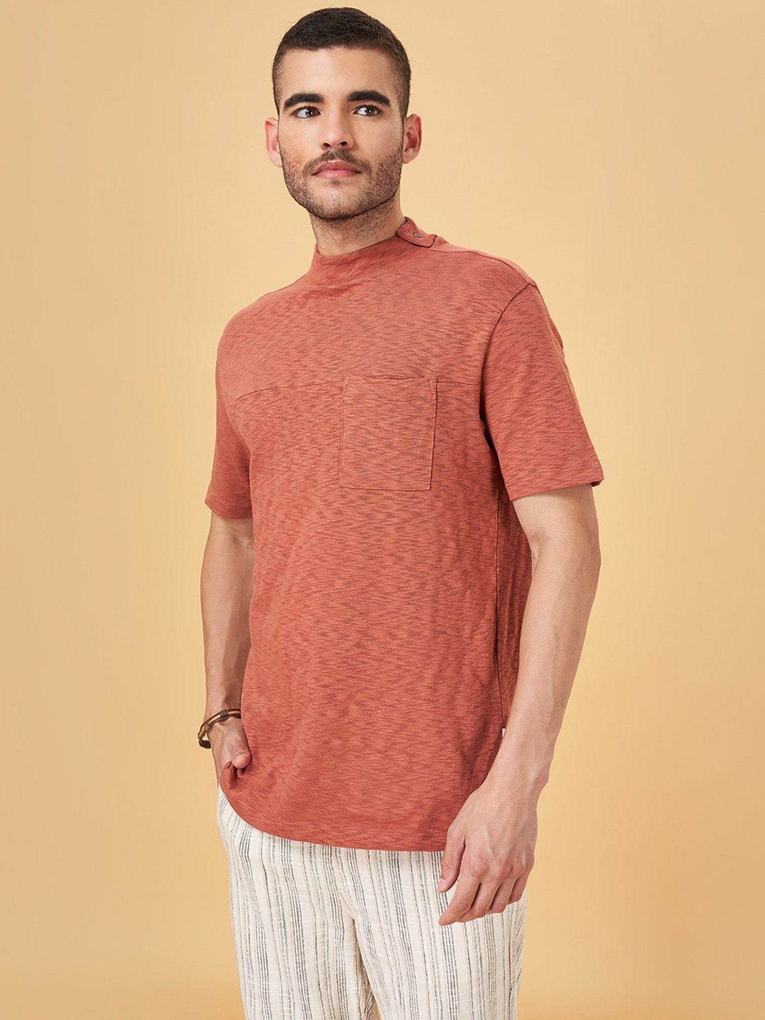 7 Alt by Pantaloons Rust Cotton Relaxed Fit T-Shirt