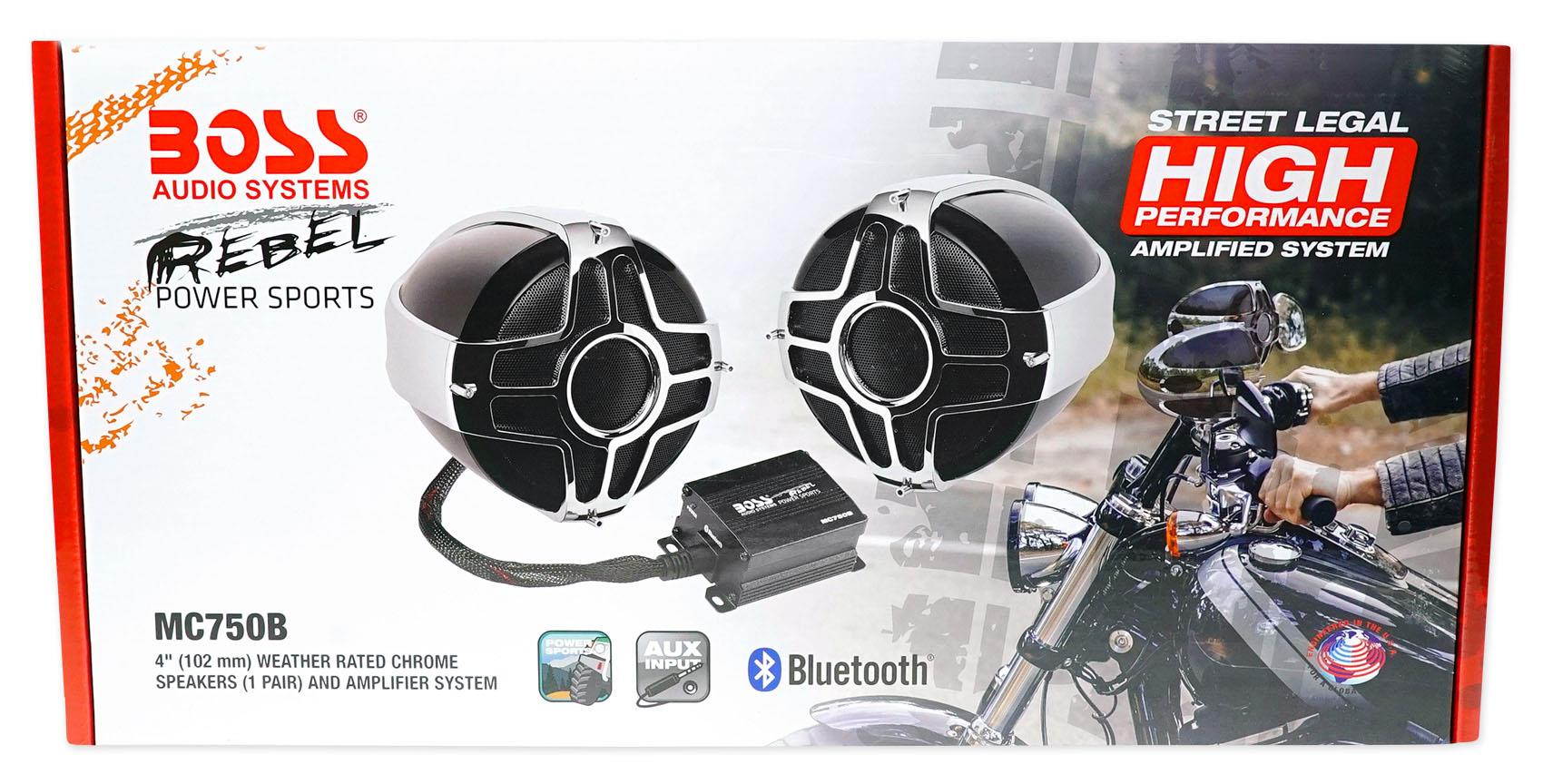 boss audio mc750b bluetooth, weatherproof speaker and amplifier sound system, two 4 inch speakers, bluetooth amplifier, inline volume control, ideal for motorcycles/atv and 12 volt applications
