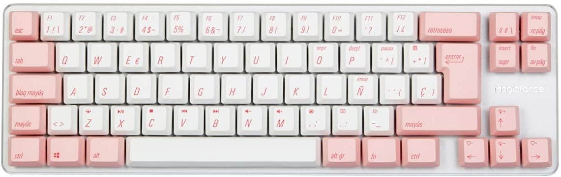Qisan Wired Mechanical Gaming Keyboard PBT Keycaps 69 Keys Gateron Blue Switch White Backlit ES QWERTY Layout Pink Keycaps Female Gaming Keyboard