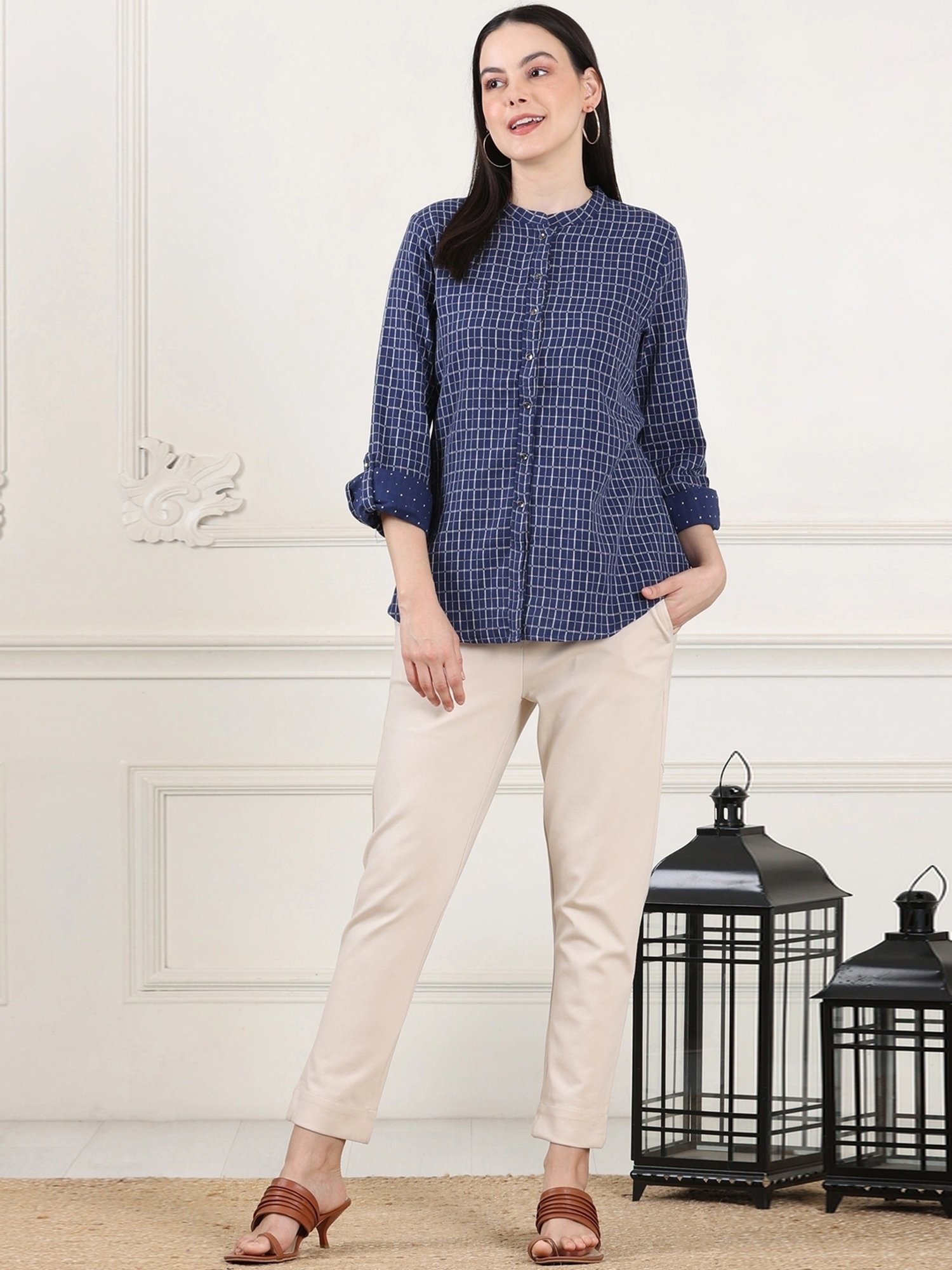 W Navy Cotton Chequered Top