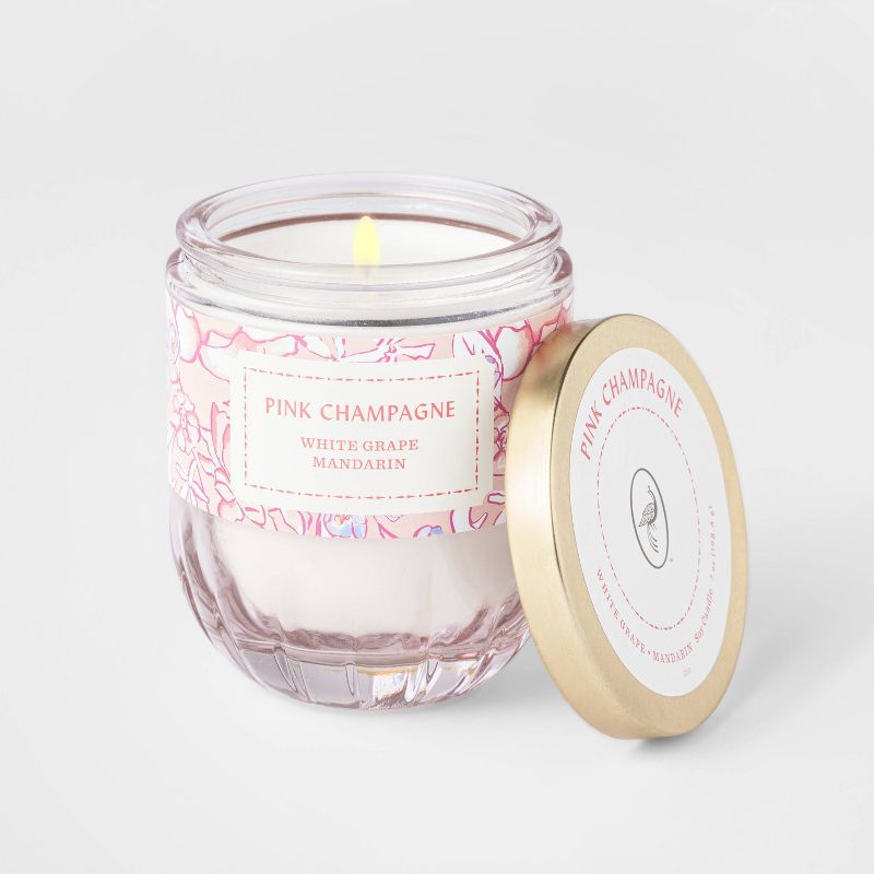 7oz Lidded Pink Coral Ribbed Base Glass Jar Pink Champagne Candle - Opalhouse™