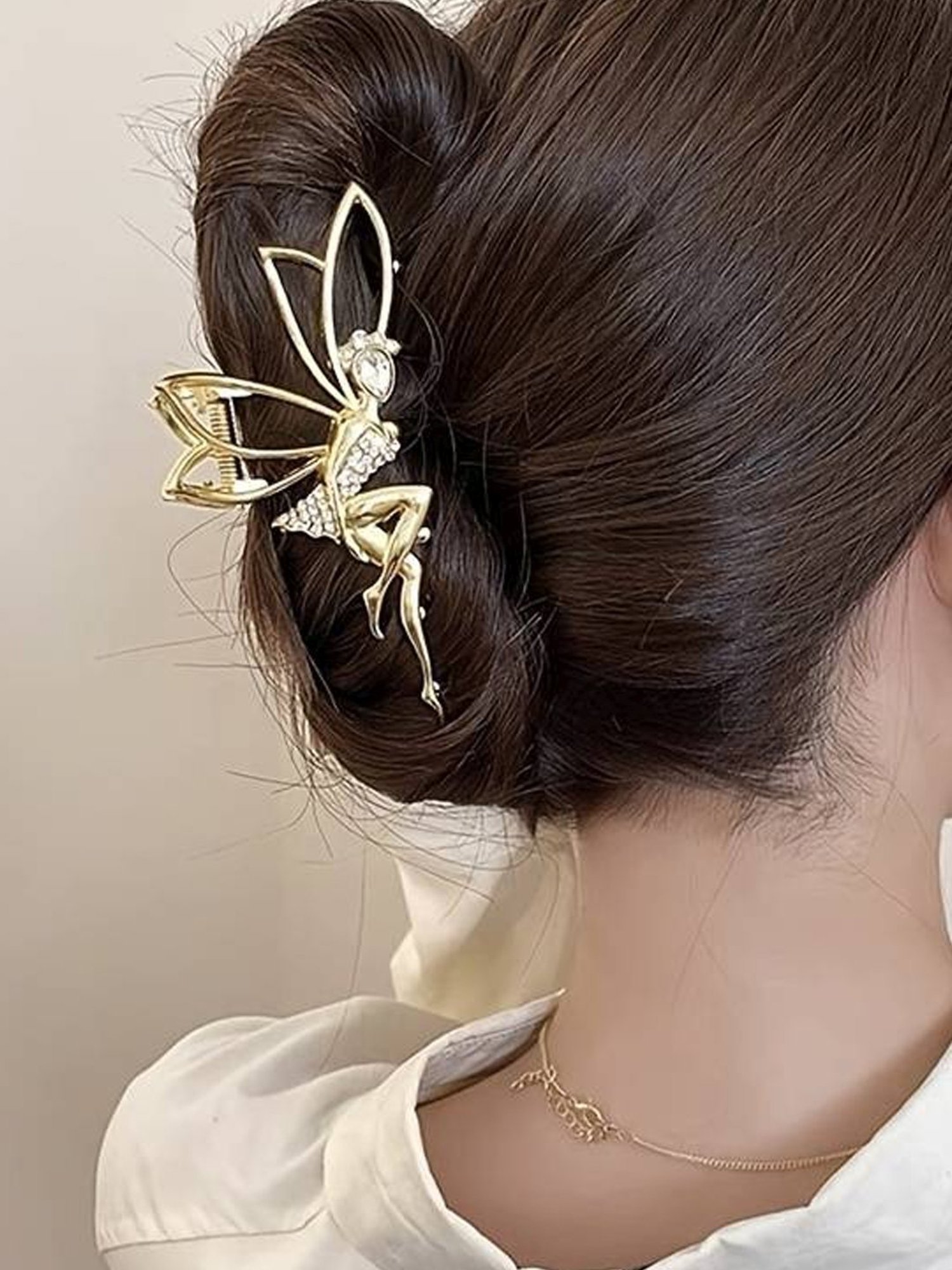 OOMPH Gold Tone Angel Shape Large Hair Claw Party Wear Crystal Studded Stylish Latest