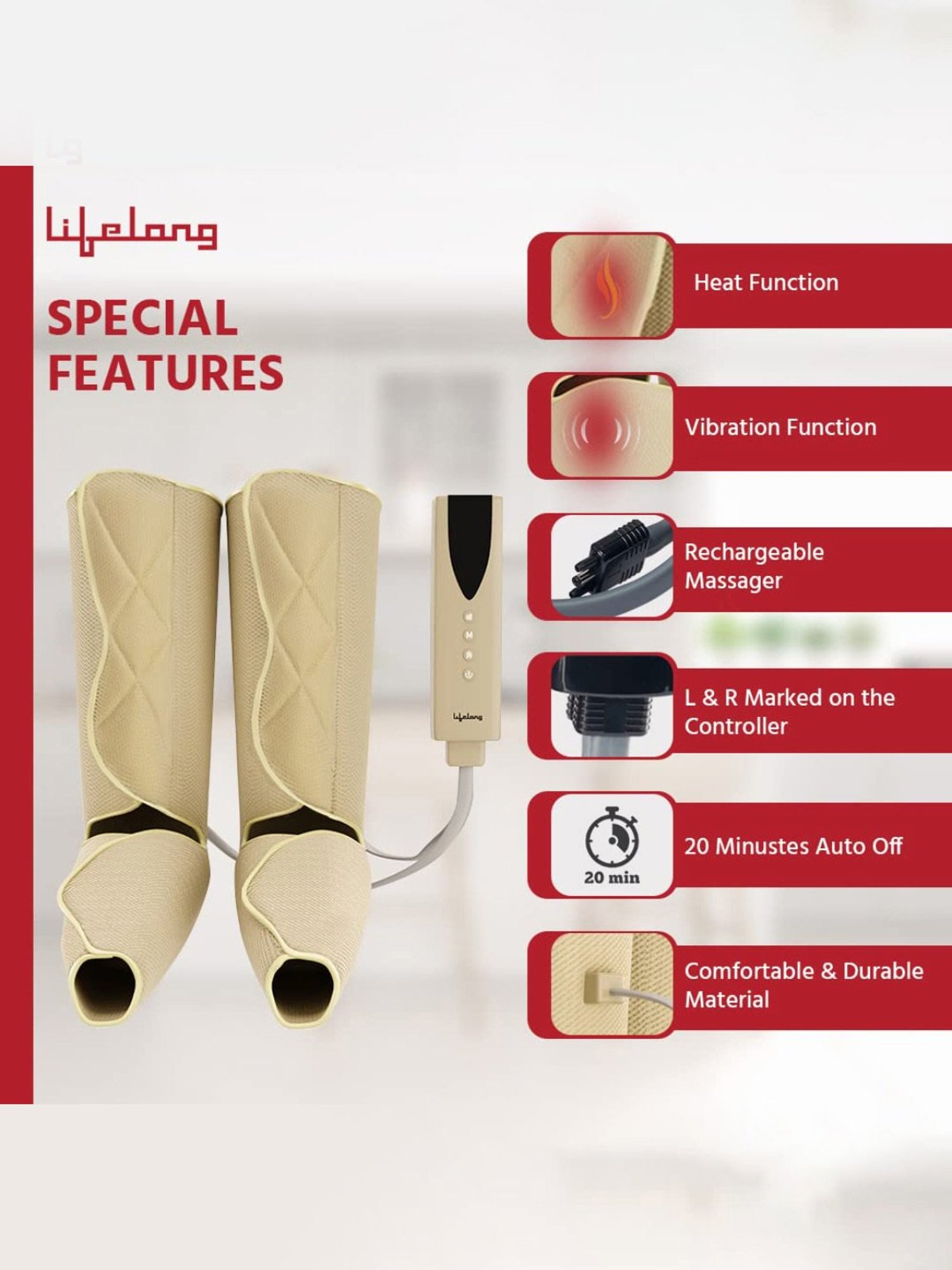 Lifelong LLM531 Rechargeable Air Pressure Massager for Calves with Heat and Vibration (Beige)