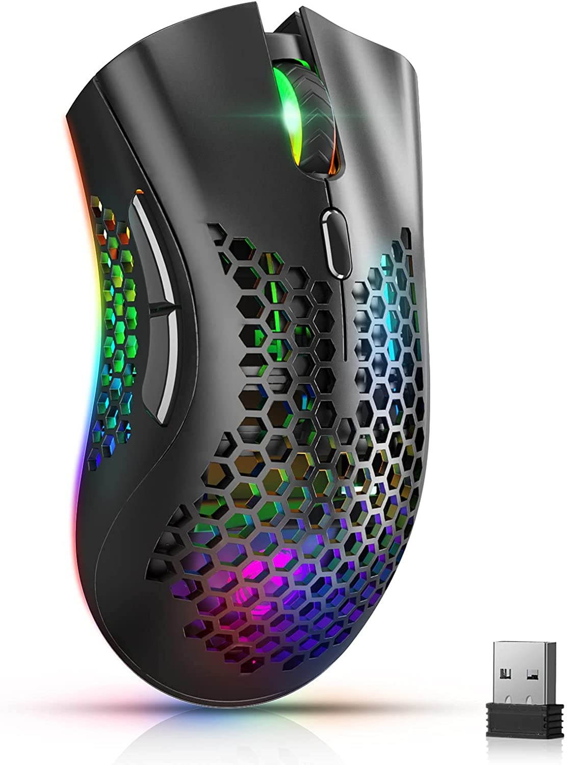 Gaming Mouse Wireless Rechargeable USB Mouse Gaming RGB Chroma Backlit Mouse Hyperspeed Comfortable Grip Ergonomic Optical Mice with Honeycomb Shell for PC Computer Laptop