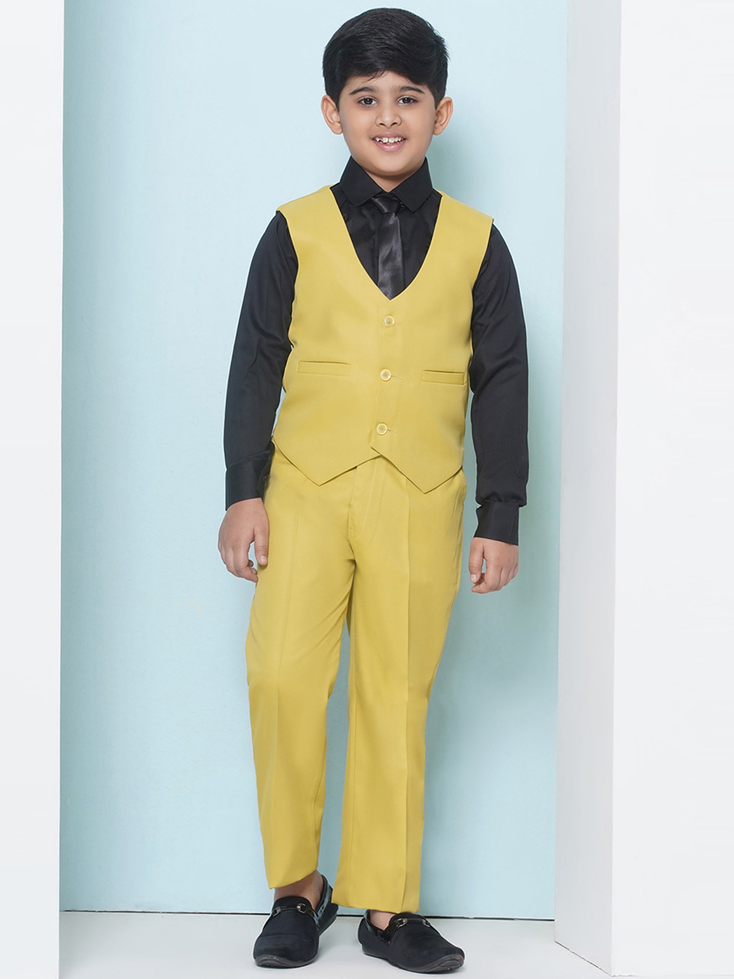 AJ Dezines Kids Mustard & Black Solid Full Sleeves Shirt, Pants, Coat, Waistcoat with Tie