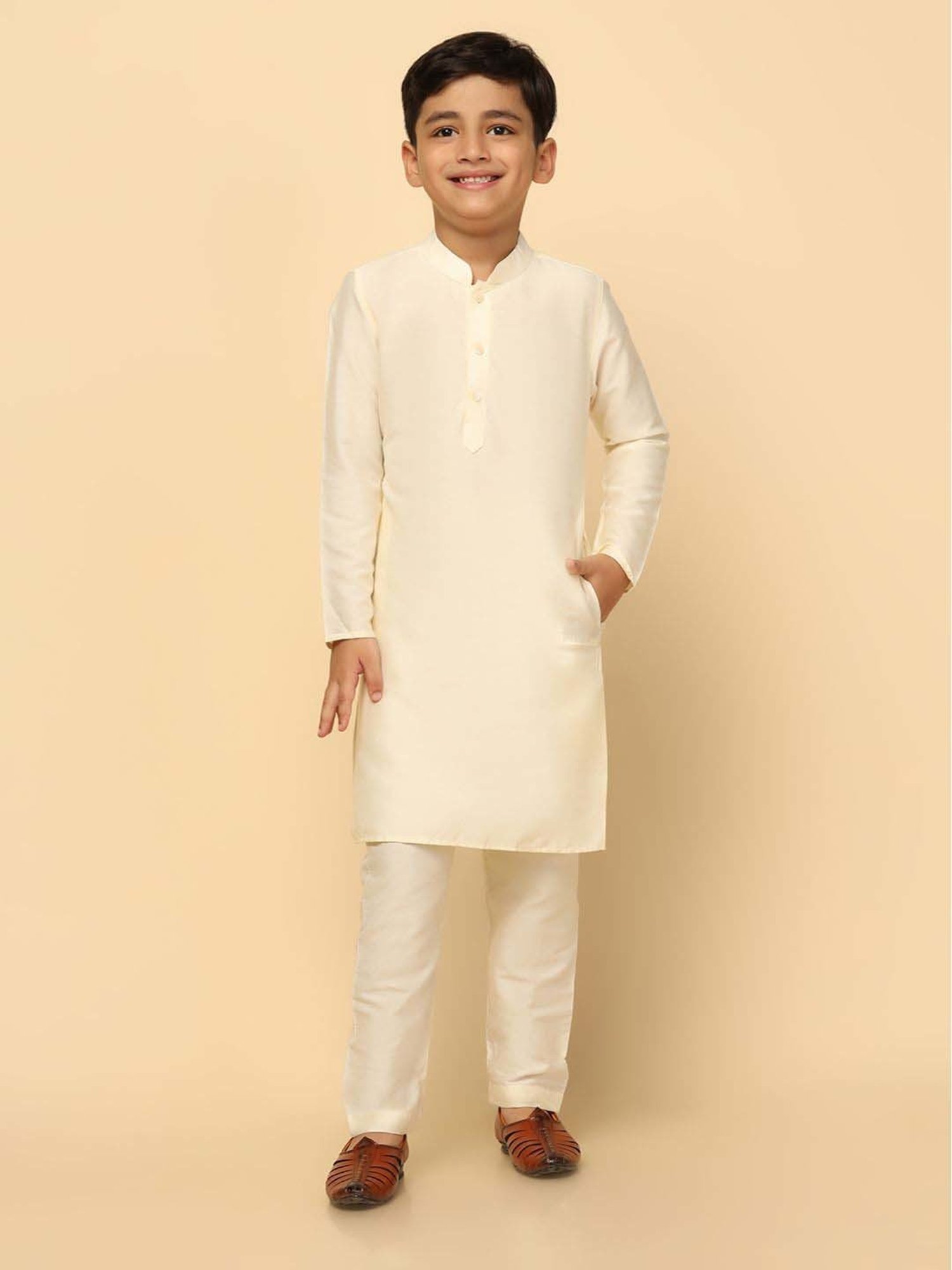 KISAH Kids Green & White Self Pattern Full Sleeves Kurta Set
