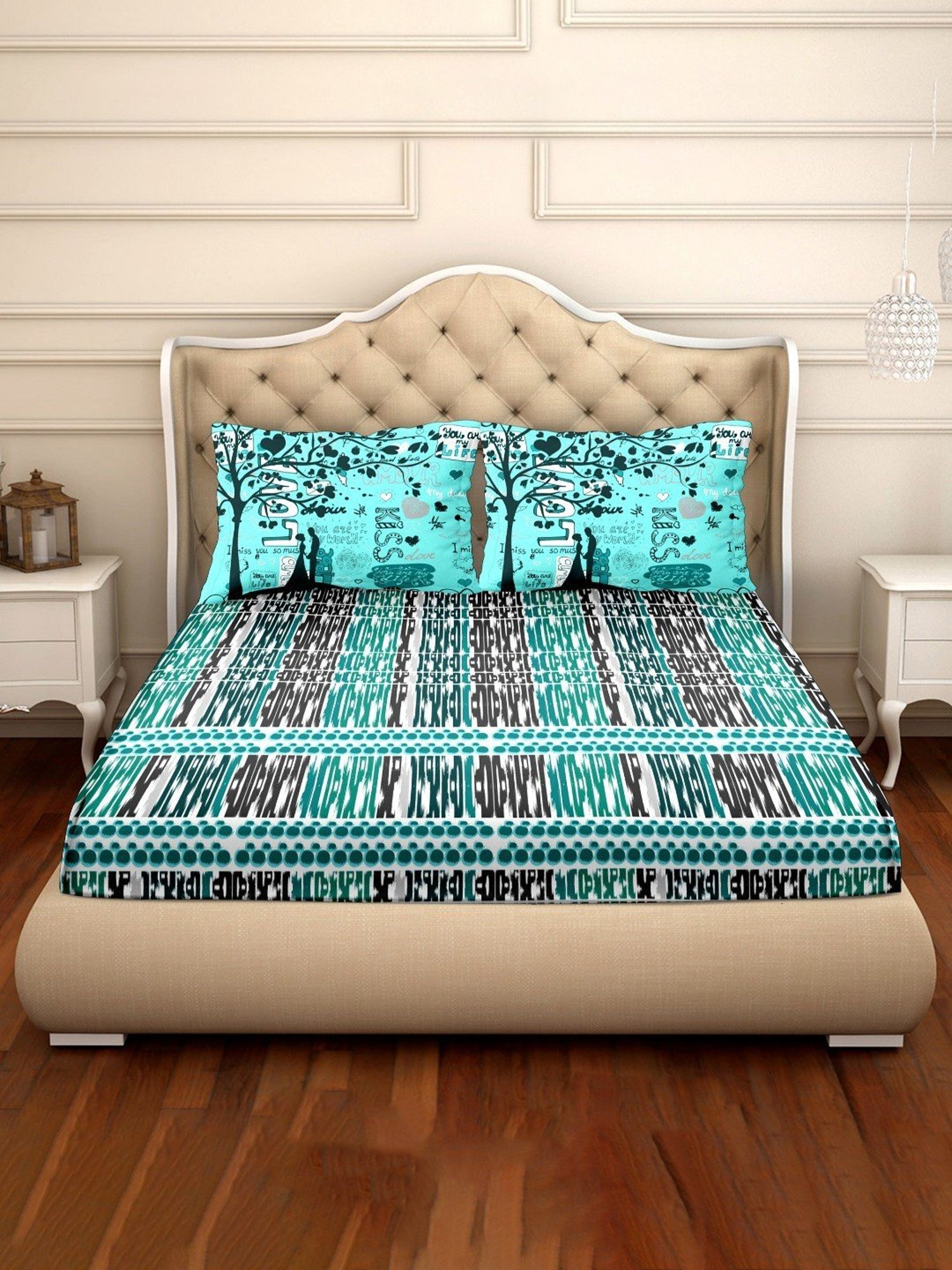 BELLA CASA Vogue Printed Multicolor 250 TC Cotton King Bedsheet with 2 Pillow Covers