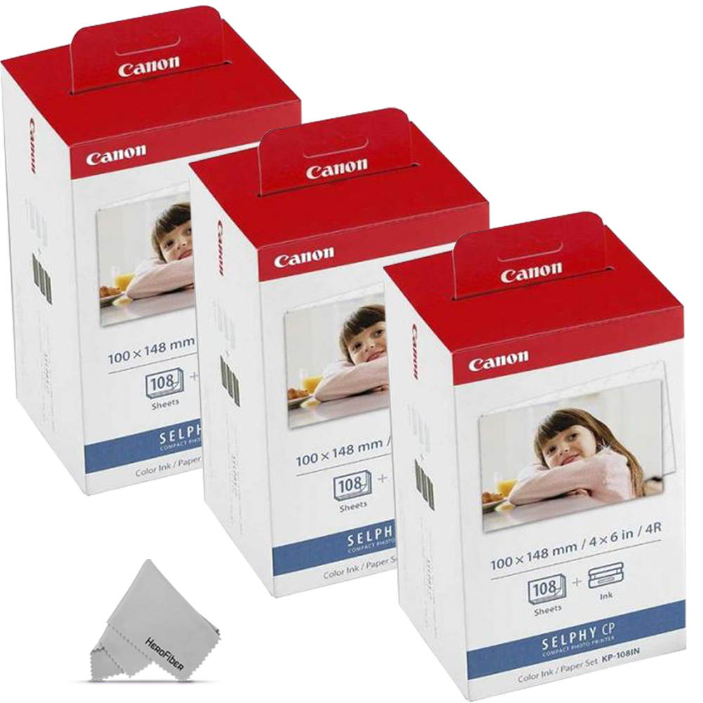 3 Pack Canon KP-108IN / KP108 Color Ink Paper includes 108 Ink Paper sheets + 6 Ink toners for Canon Selphy CP1300, CP1200, CP910, CP900, cp770, cp760 Compact Photo Printers