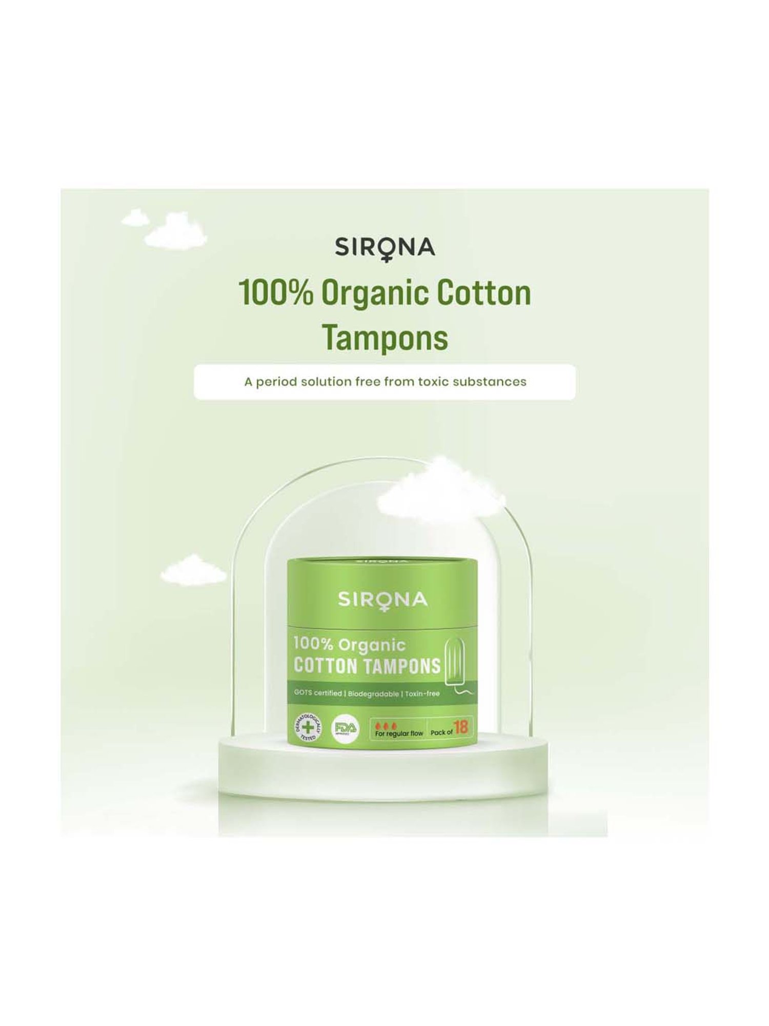 Sirona 100% Organic Cotton Tampons for Regular Flow - 18 Pcs