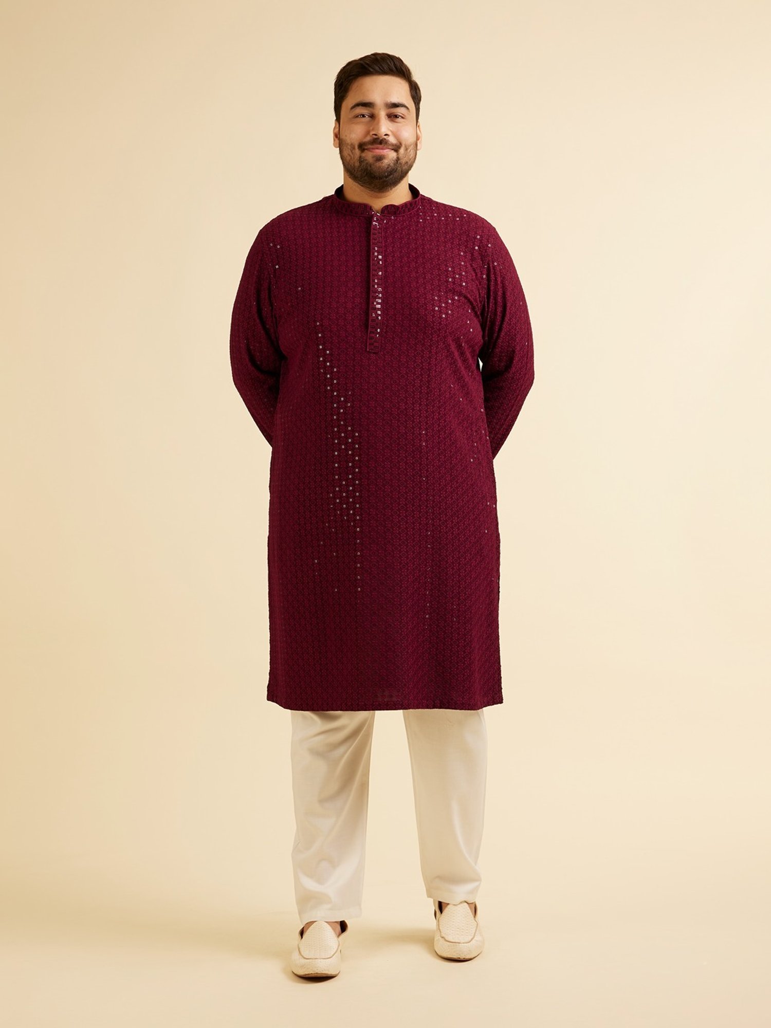 Manyavar Maroon Regular Fit Embroidered Plus Size Kurta and Pyjama Set
