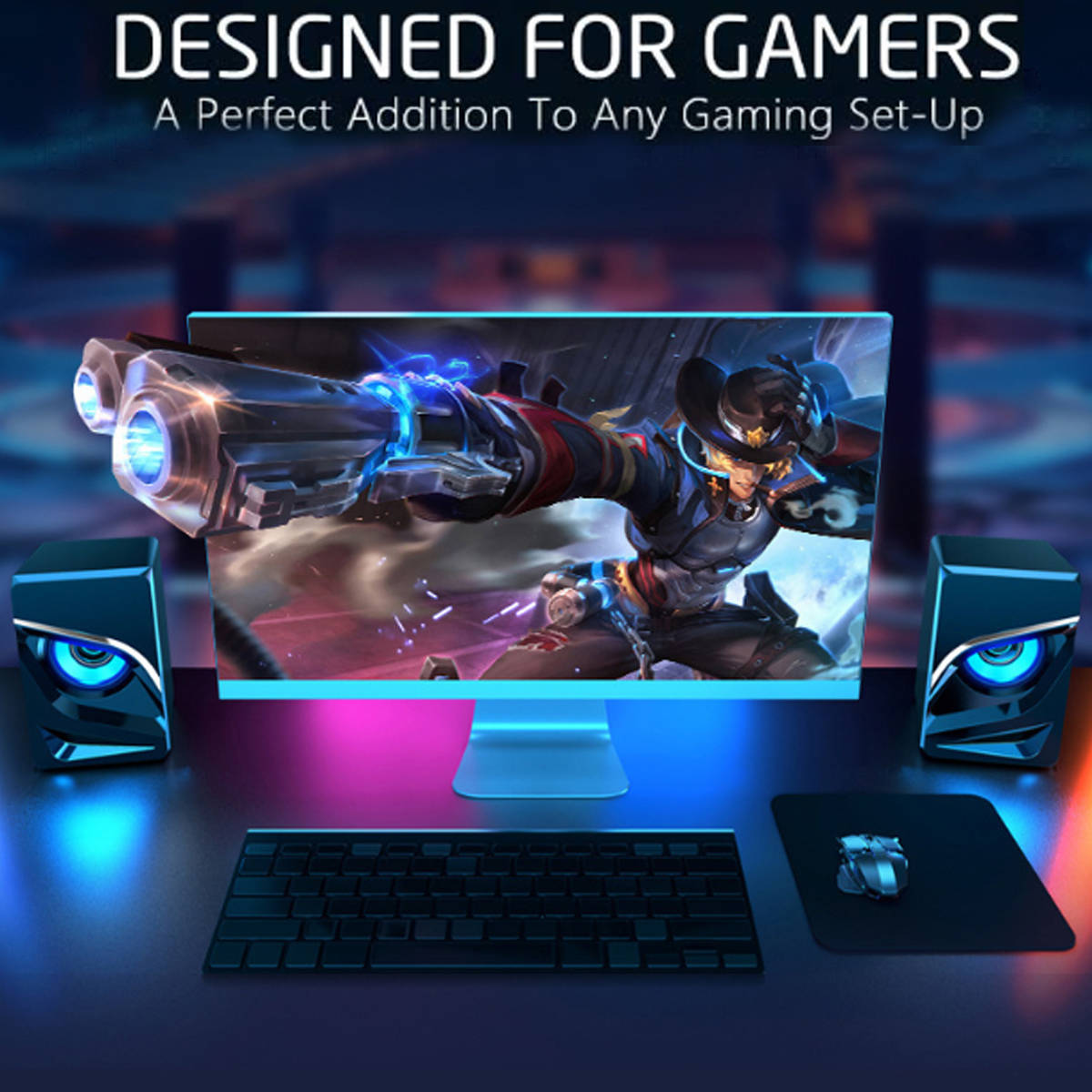 Computer Speakers, Blue LED Speaker with Sharp Eye USB Powered 3.5mm Stereo Audio for PC, MP3 Player, Laptops, Smartphone, Black, SK10