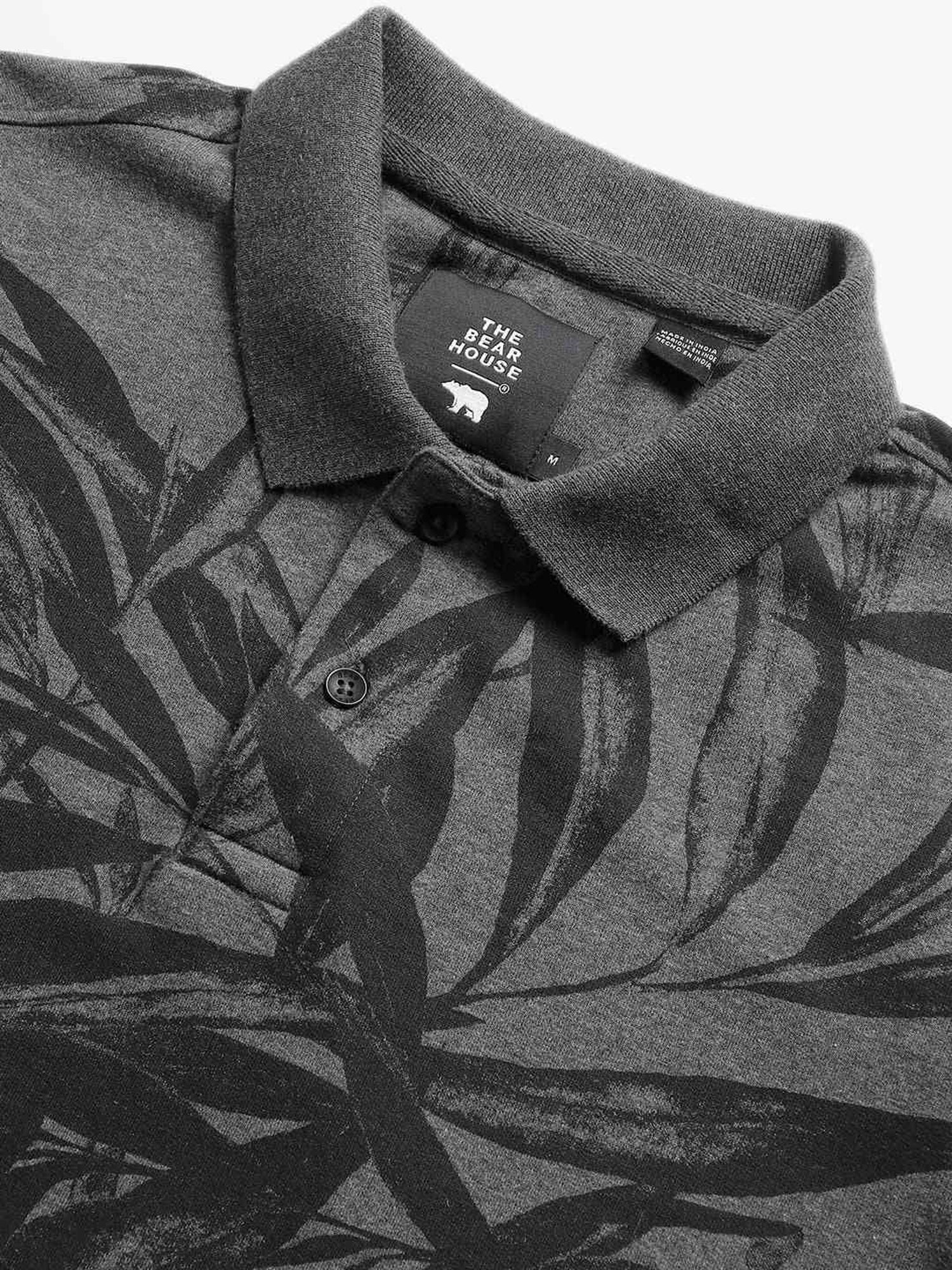 The Bear House Grey Cotton Regular Fit Printed Polo T-Shirt